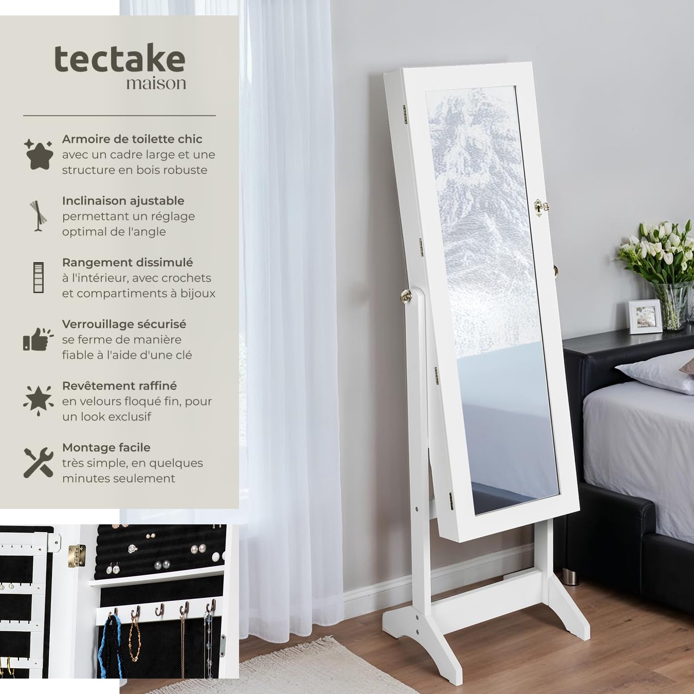 TecTake® Armoire à bijoux avec Miroir intégré, 147 x 45 x 37 cm, Miroir sur pied, Armoire Chambre Dressing Porte Bijoux Femme Collier Boucles d'oreille Bague Meuble Chambre Coffret bijou, Blanc