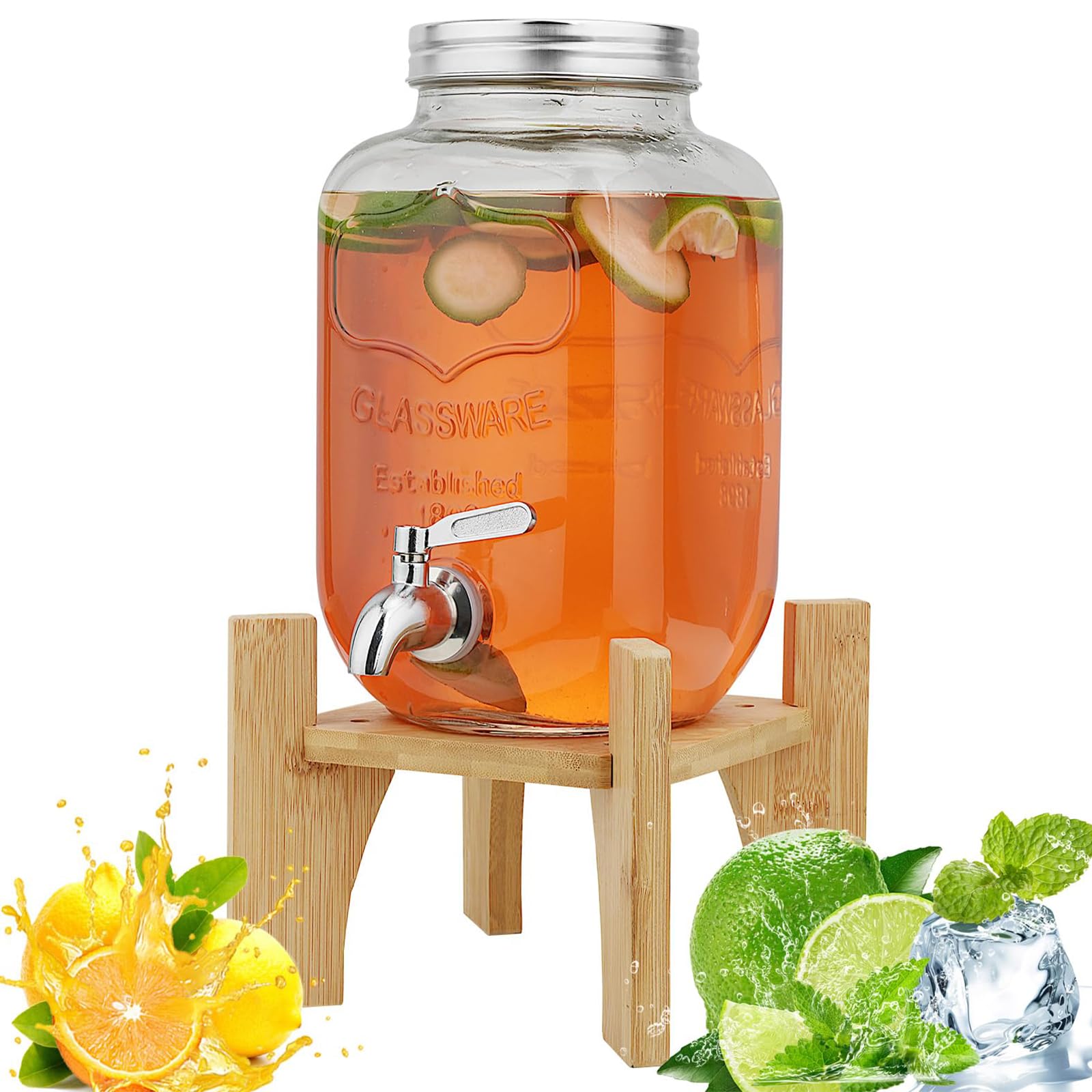 8L Distributeur de Boissons en Verre avec Support