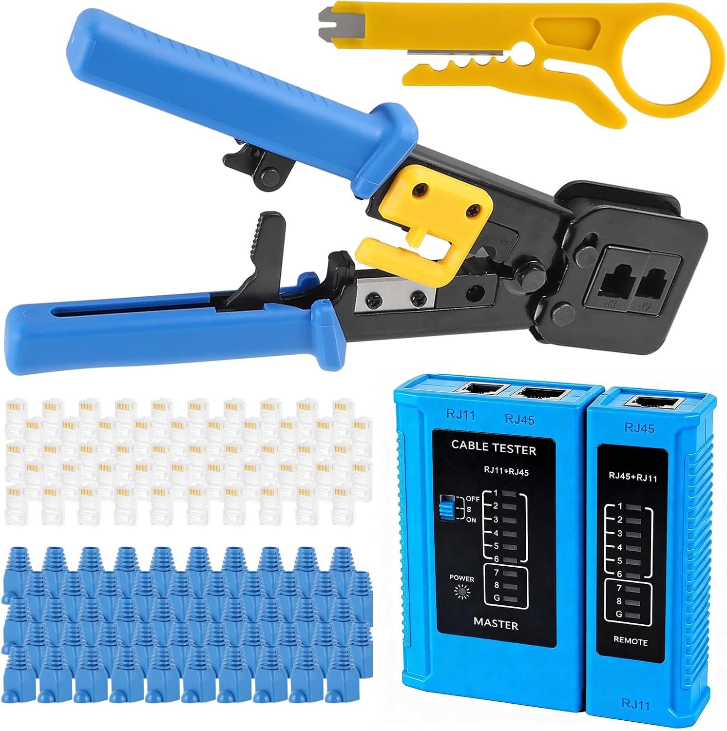 AITRIP RJ45 Crimp Tool Kit Pass Thru Cat5 Cat5e Cat6 RJ45 Crimping Tool with RJ45 Cat6 Pass Through Connectors, Covers,1 Wire Punch Down Cutter,Network Cable Tester