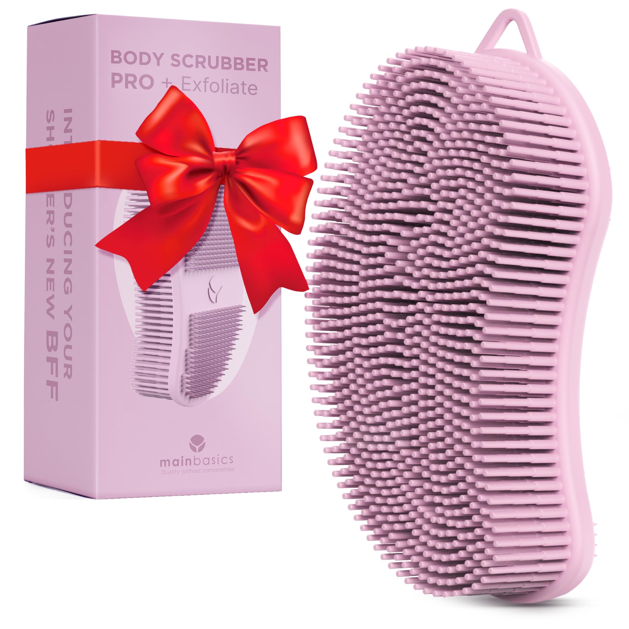 MainBasics Silicone Body Scrubber – Dual-Sided Shower Exfoliator for Men & Women, Gentle Silicone Loofah Alternative for Deep Clean (Pink, Exfoliate)