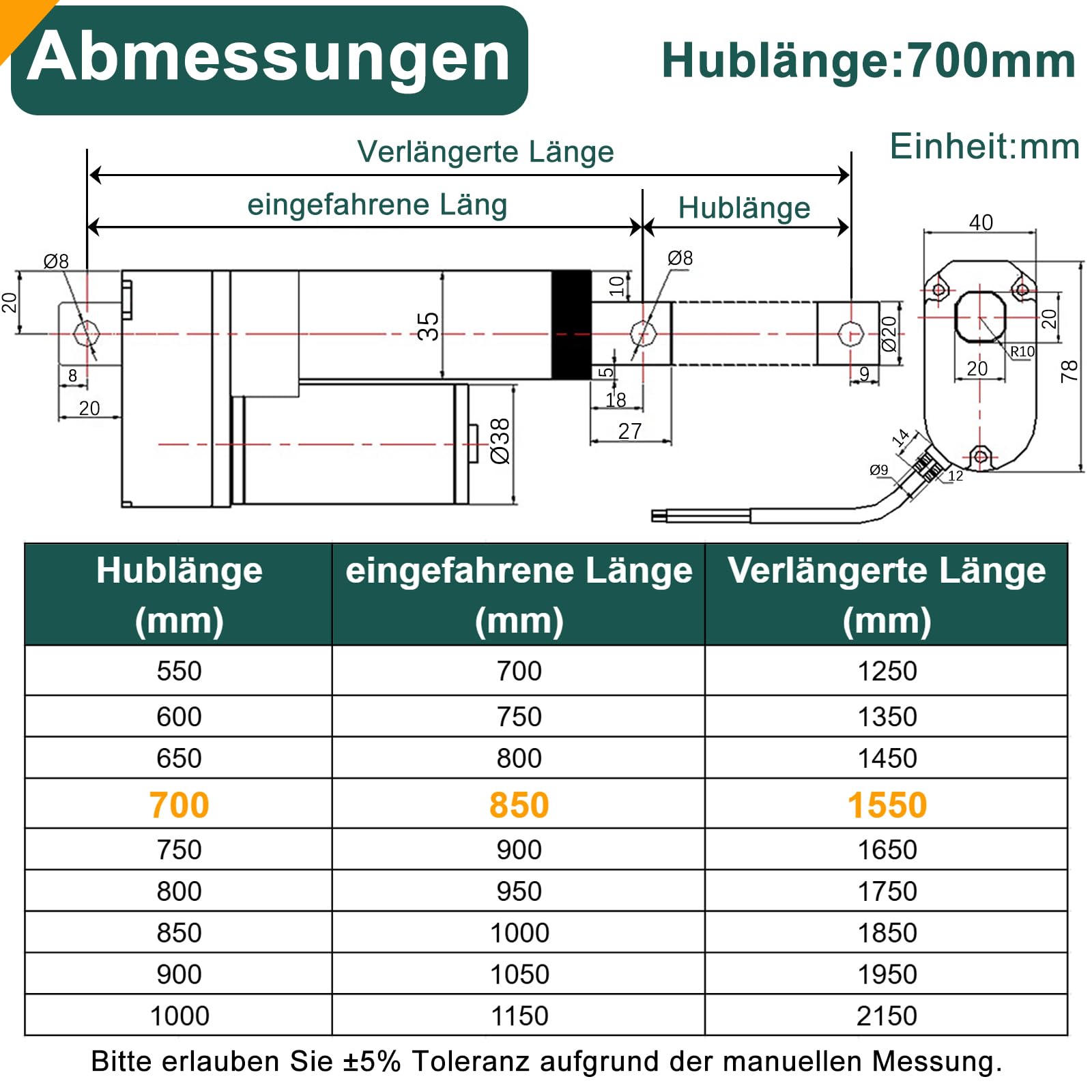 Linearantrieb 12V 2000N 700mm IP65 Wasserdicht 8mm/s Linear Actuator