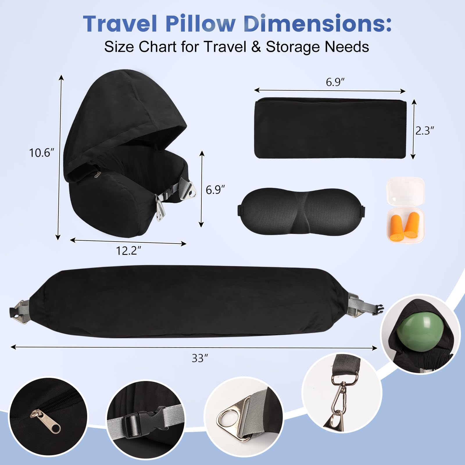 DreamShore Cuscino da viaggio imbottito da viaggio con cappuccio, cuscino da viaggio regolabile in velluto con tappi per le orecchie e maschera per gli occhi, cuscino da viaggio per trasporto in aereo