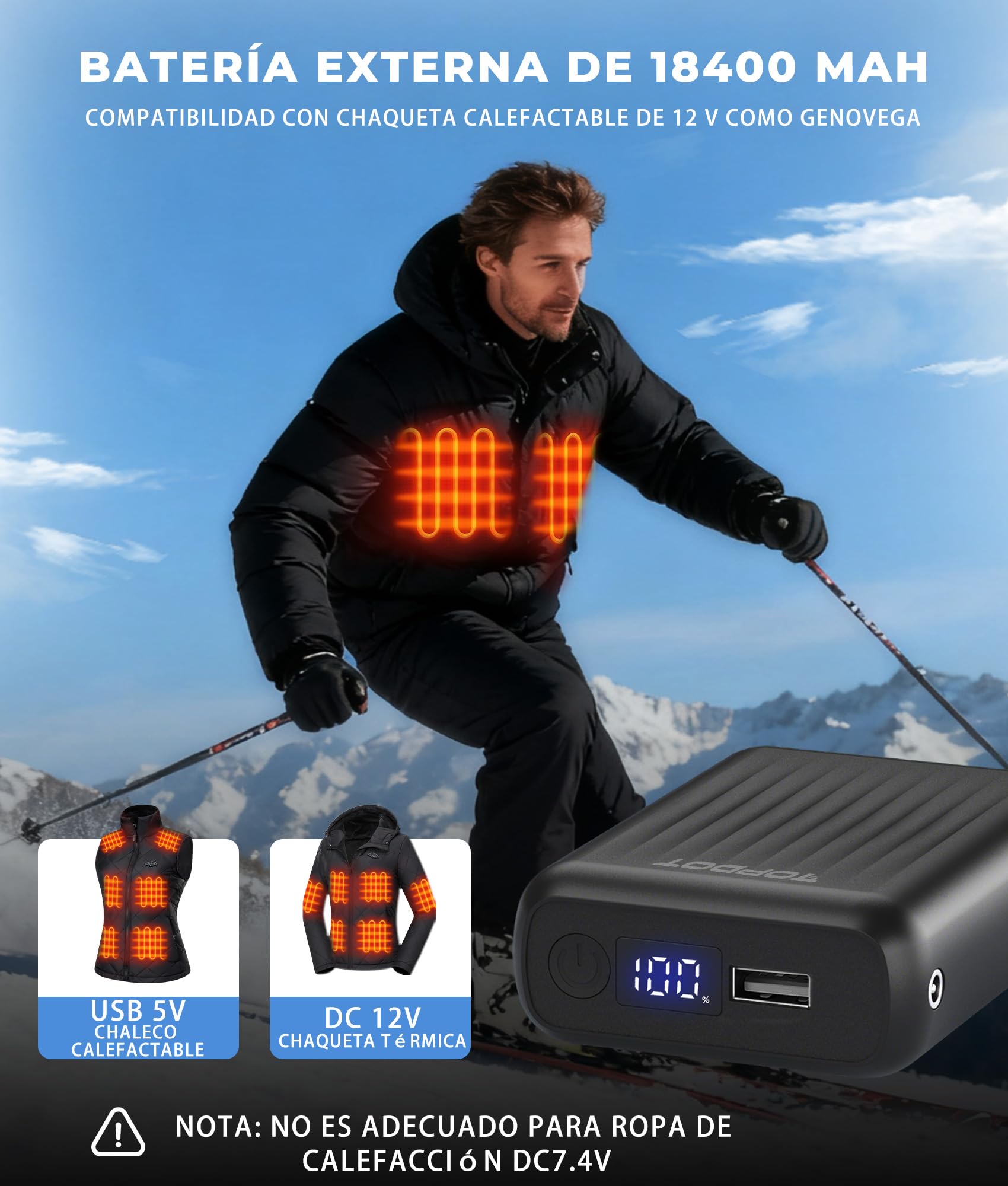 Topdot Batería Externa 18400 mAh para Chaquetas Calefactables 12 V/7,4 V