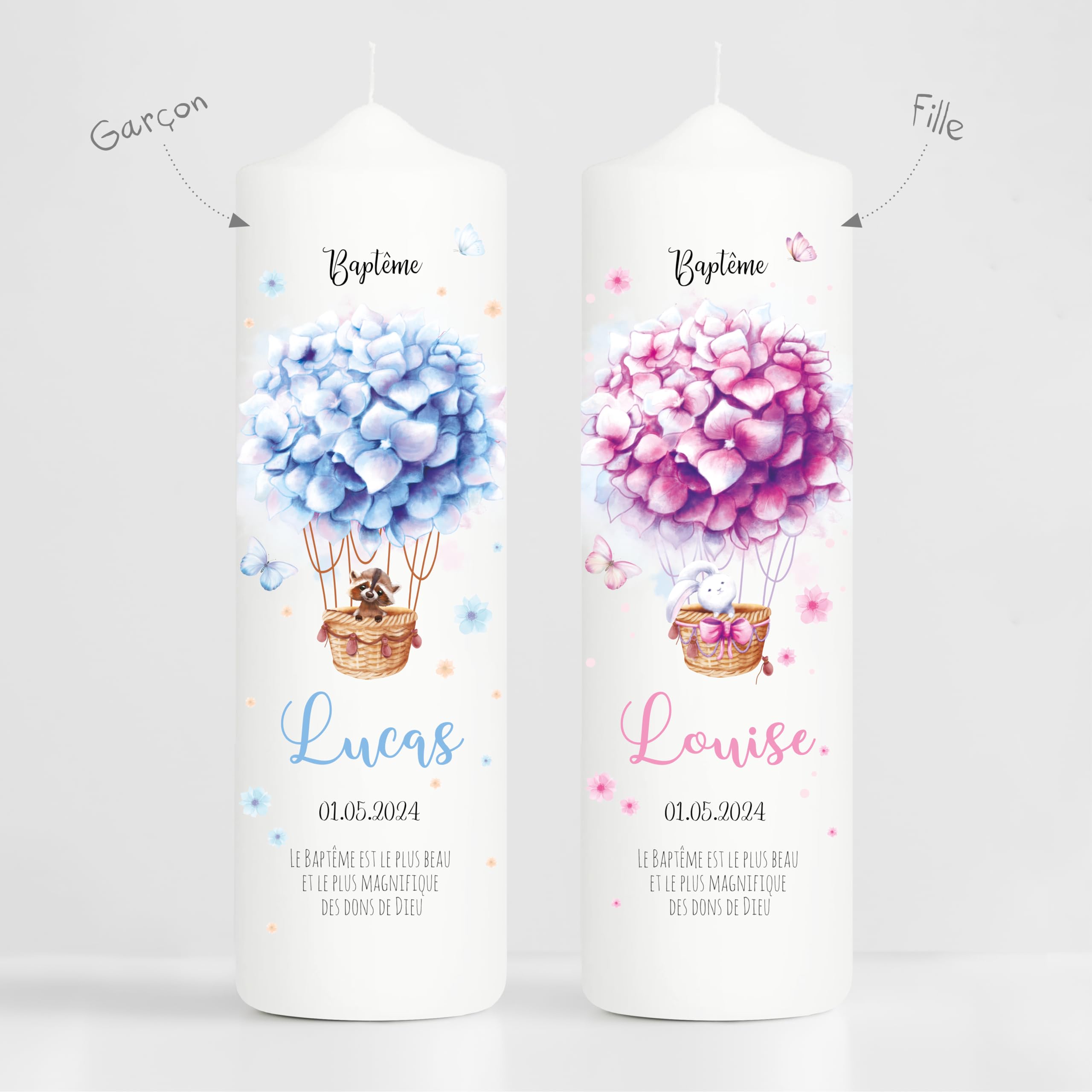 Bougie Baptême personnalisée Garçon motif Montgolfière florale bleue – Cierge Baptême avec prénom, date et message – Bougie imprimée – cierge personnalisé – 25 x 7 cm