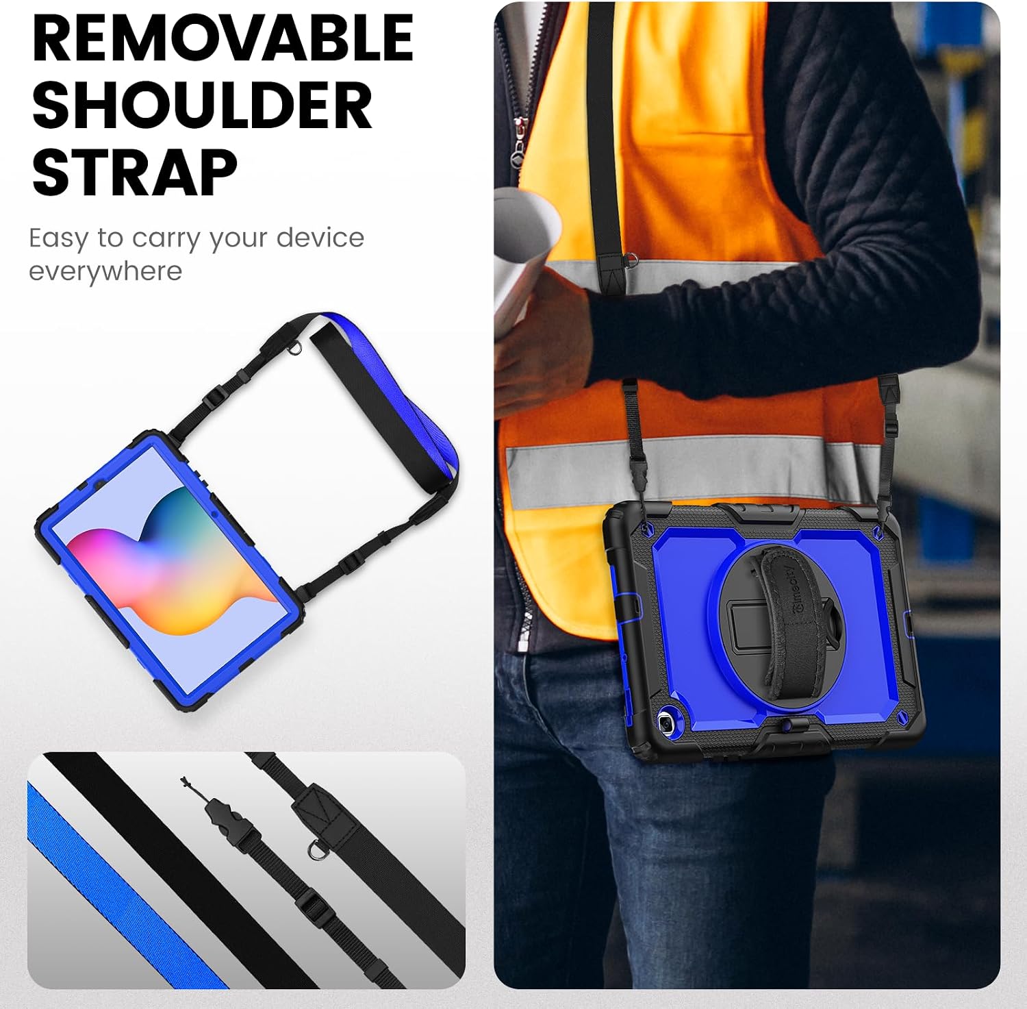 Timecity Case for Samsung Galaxy Tab S6 Lite 10.4" 2024/2022/2020 (SM-P620/ P625/ P610/ P615), with Built-in Screen Protector&360 Degree Swivel Stand&Hand Strap&Shoulder Strap, Black+Dark Blue