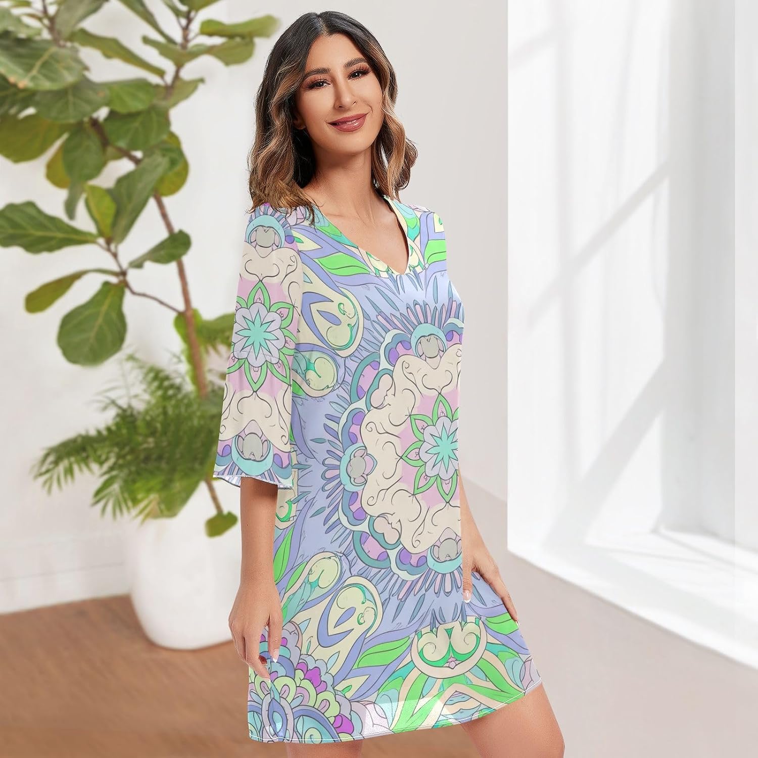 Arabesque Green Purple Short Dress 3/4 Sleeve Summer Dresses Party S-XXL