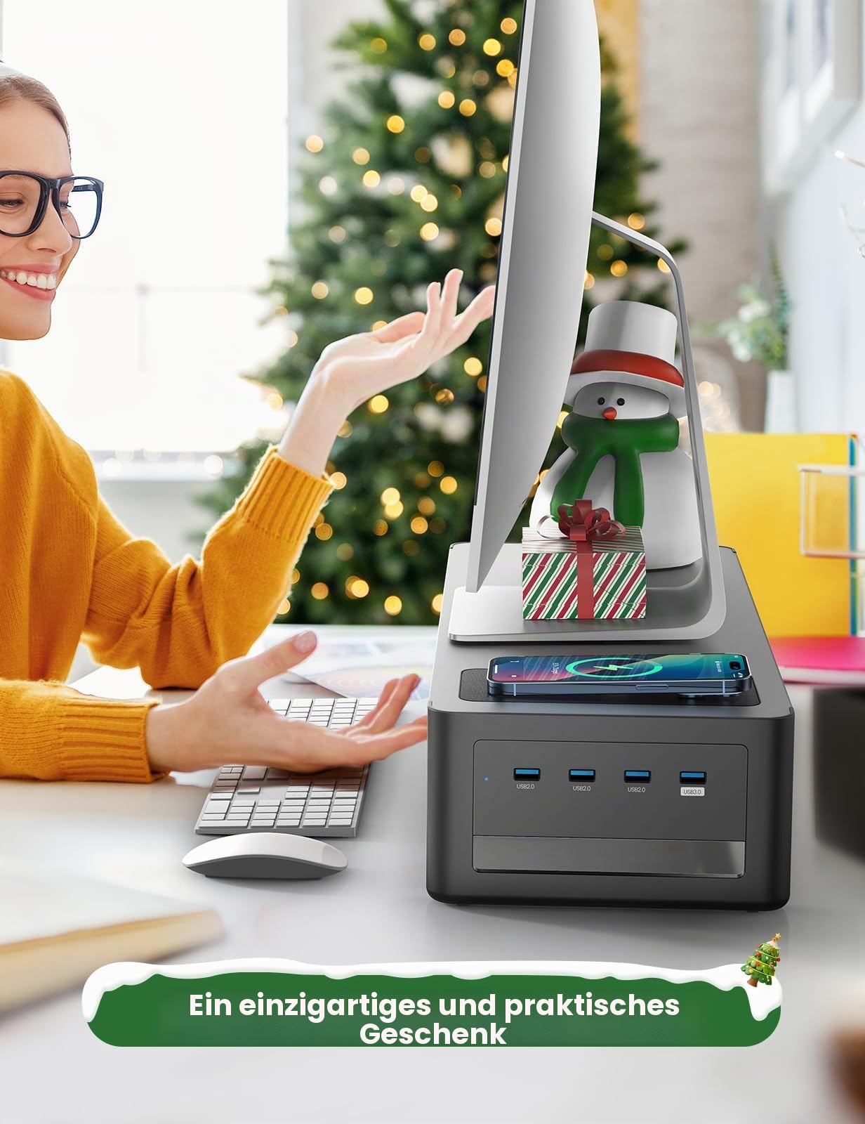 meatanty Monitorständer mit Schublade, USB und kabellosem Laden | Metallständer mit 4-Port-USB-Hub für PC, Notebook oder Drucker und praktische Schreibtischorganisation.