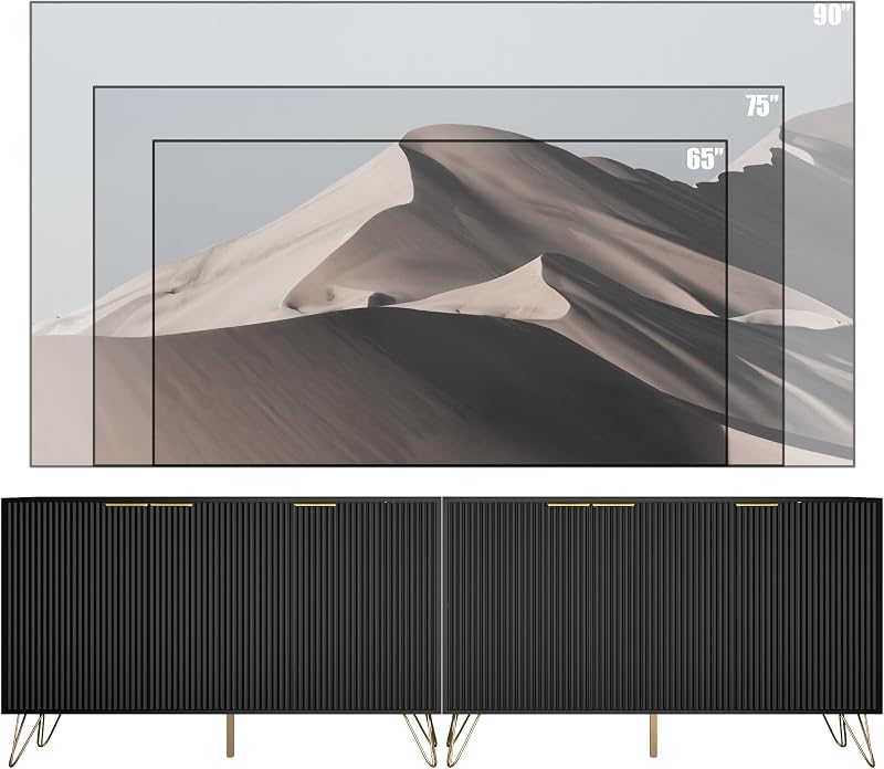 94.5 Inch Fluted TV Stand with 2 Storage Cabinets, Black丨Modern TV Stands, Entertainment Center with Adjustable Shelves & Gold Handles, Wood Media Console for Living Room image 4