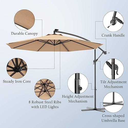Miniatura 2 de Tangkula Sombrilla solar de 10 pies para patio al aire libre con luz LED, sombrilla de mercado con cubierta colgante y base cruzada (beige)