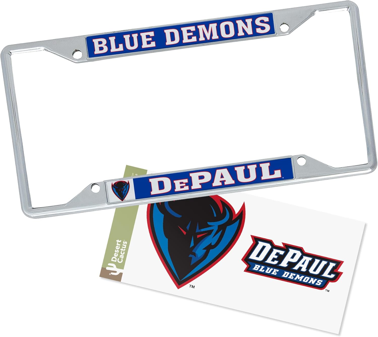 Desert Cactus DePaul University License Plate Frame and Sticker Car Tag Holder for Front or Back of Car Officially Licensed Metal (Sticker Frame Combo - Mascot)