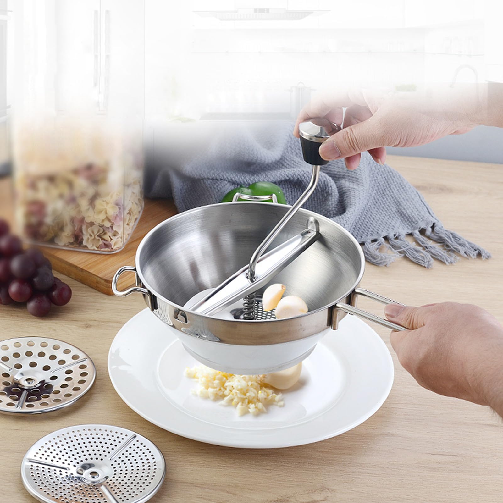 QUTBAG Lebensmittelmühle aus Edelstahl, manueller Marmeladenstampfer mit 3 Mahlscheiben, Kartoffelstampfer mit Anti-Rutsch-Griff, für Tomatensauce, Apfelmus, Püree, Kartoffelpüree