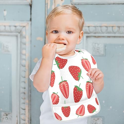 Miniatura 6 de Kigai Strawberry Print Baby Bibs for Baby Boy Girl Waterproof Soft Cotton Washable Feeding Bibs Scraps Pocket 2 Pack