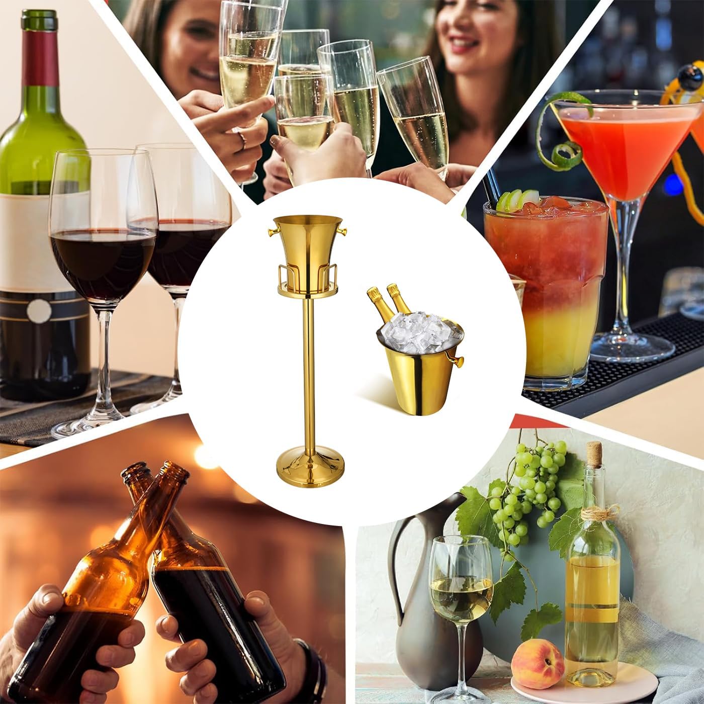 Golden Ice Bucket with Stand, Stainless Steel Champagne Ice Bucket, Standing Wine Beverage Bucket with Handles 5L Capacity Container on Stand for Party Bar Wedding Occasions