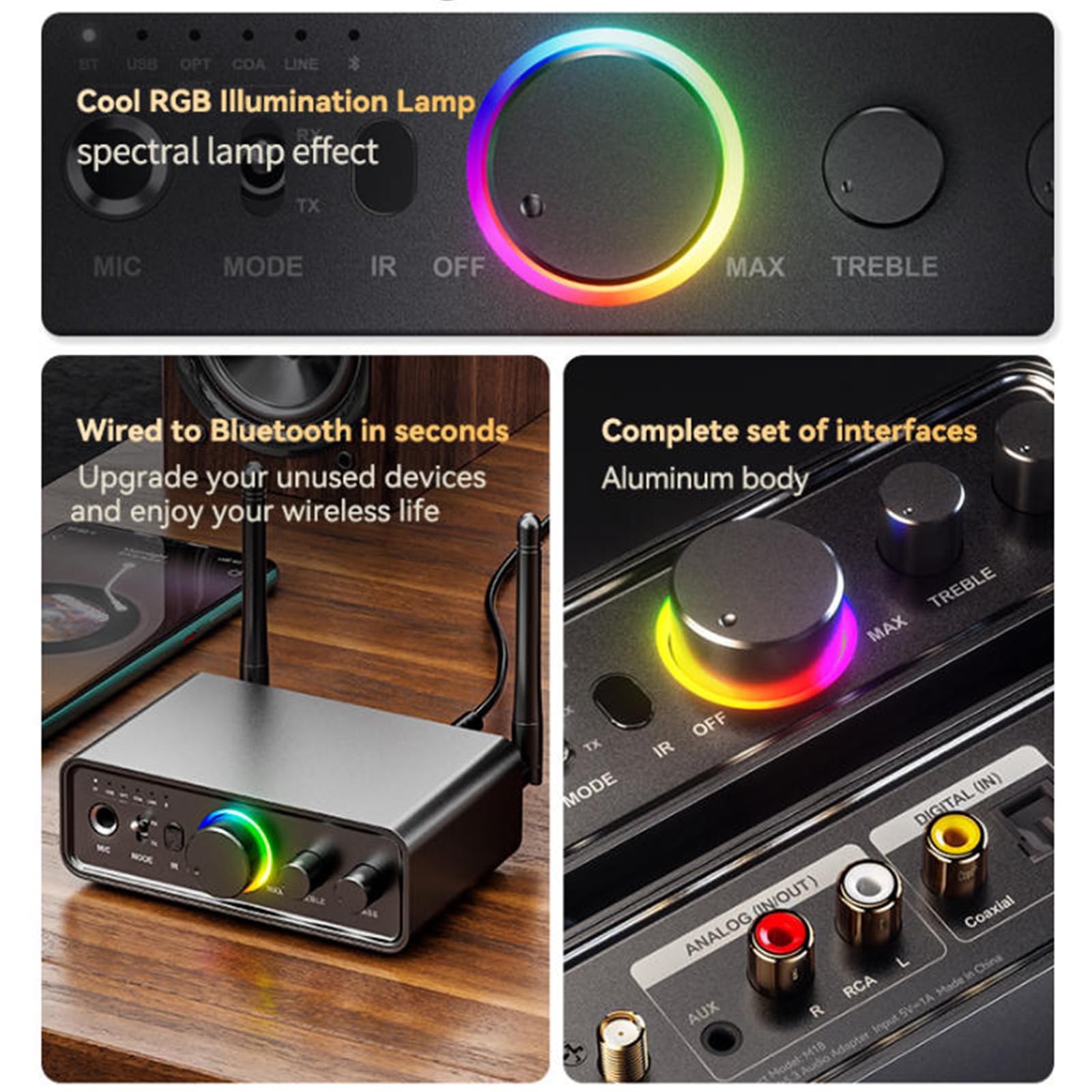 Adaptador de audio inalámbrico Bluetooth 5.3, receptor transmisor 2 en 1 con soporte AUX/RCA/óptico/USB para TV, PC, auriculares, KTV y estéreo doméstico