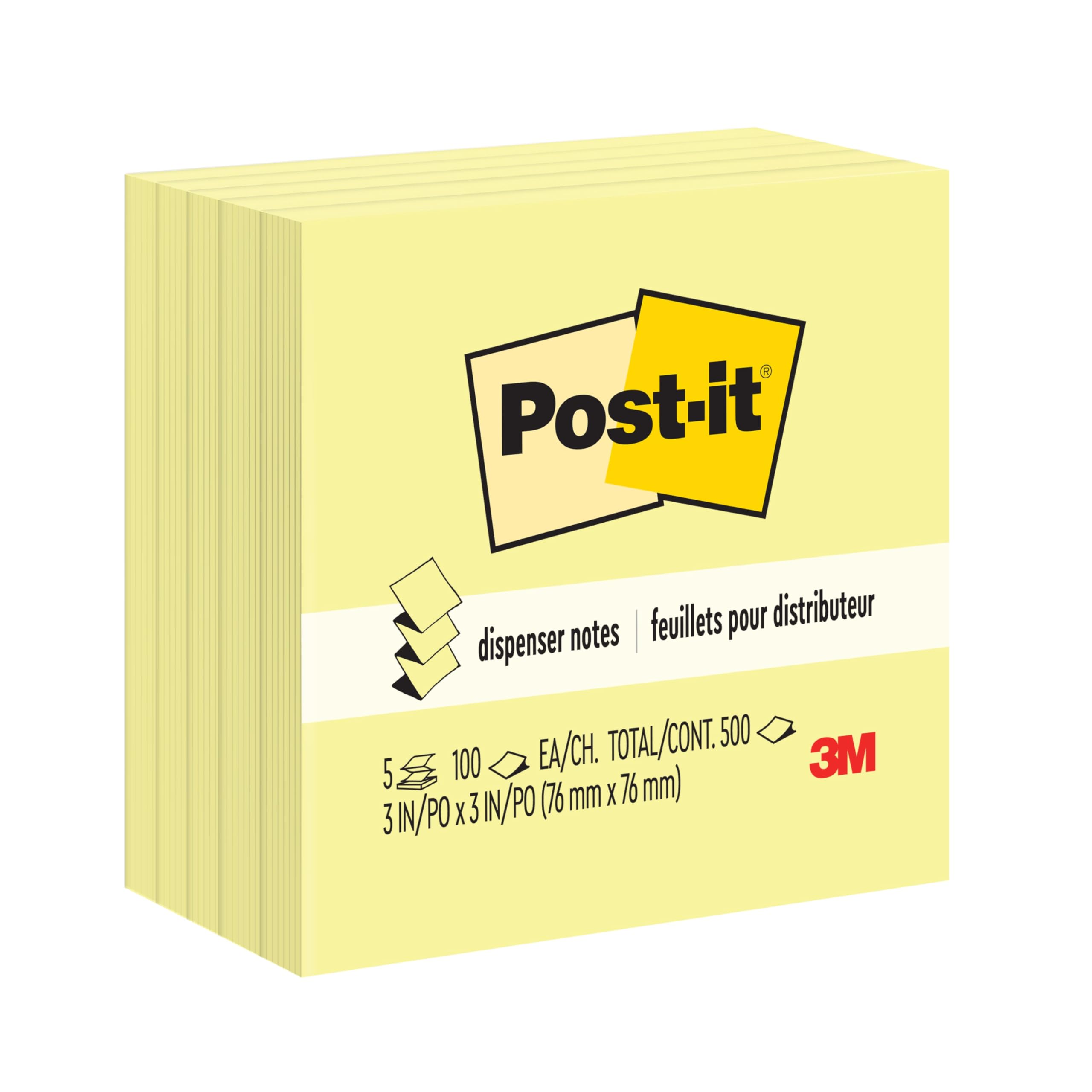 Dispenser Pop-up Notes, 3x3 in, 5 Pads, Canary Yellow, Clean Removal, Recyclable