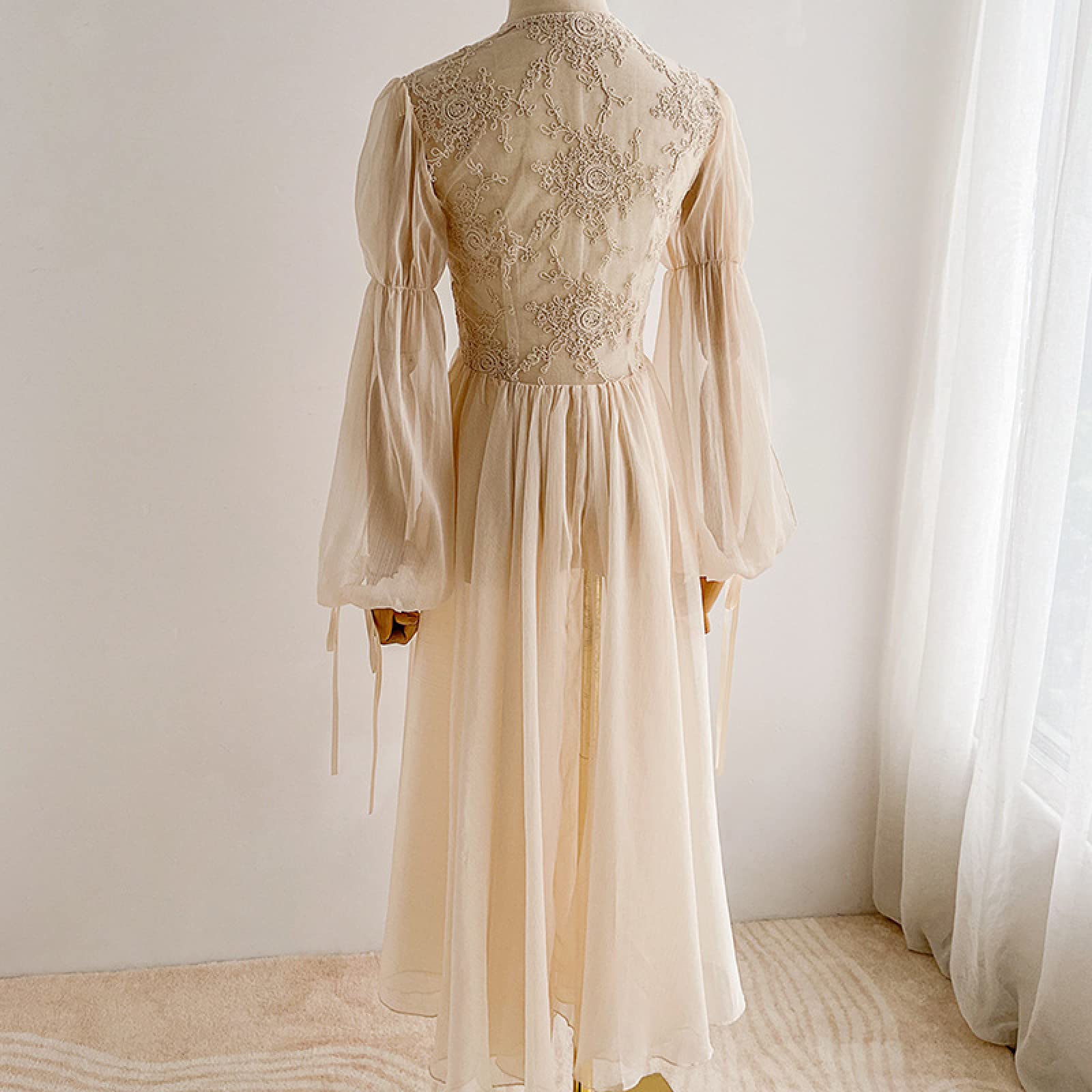 OFFSUM Camisón De Pijama De Mujer - Elegante Primavera Verano Dulce Ropa De Dormir Princesa Novia Boda Bata Encaje Translúcido Dama De Honor Albornoz Loungewear,Albaricoque,M