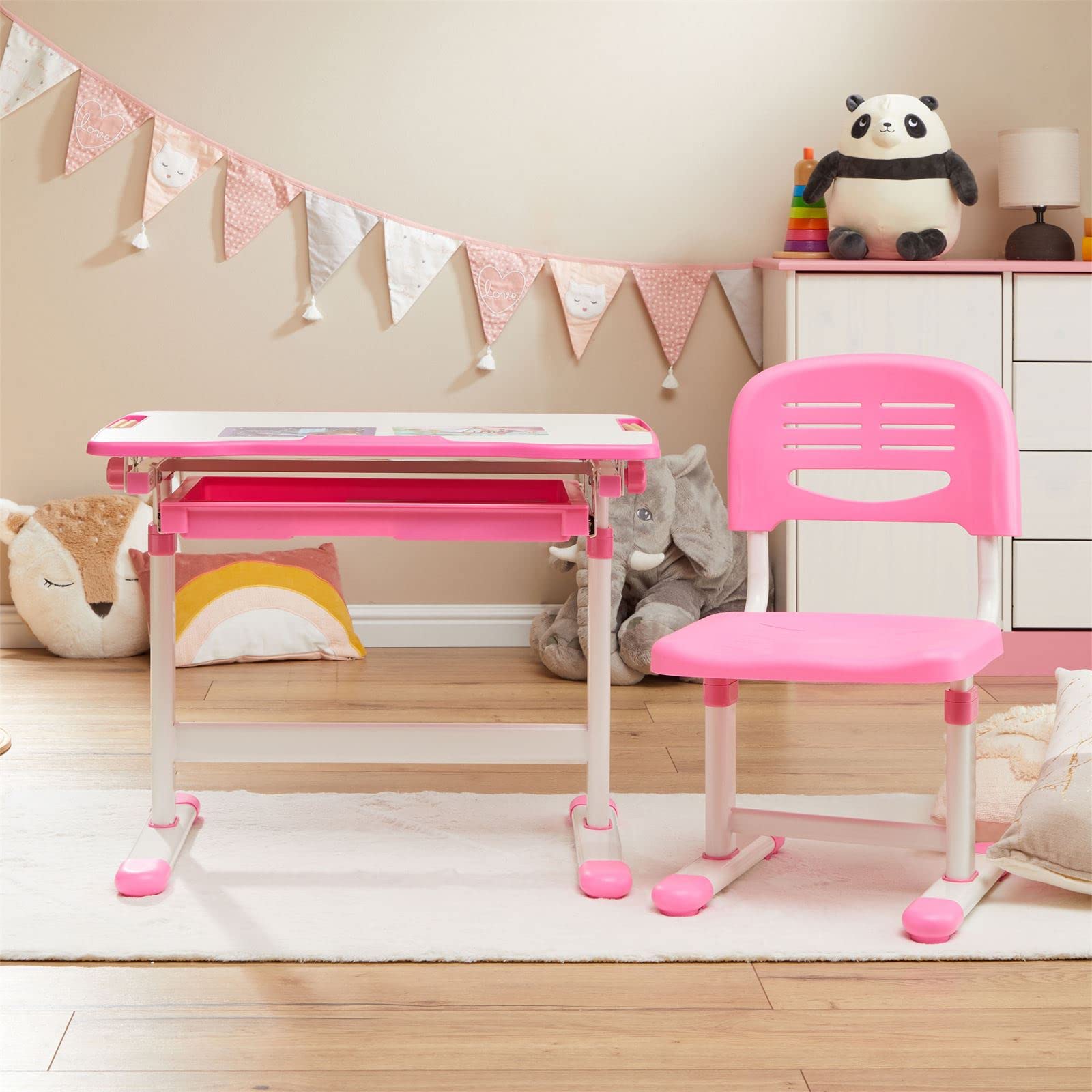 Kinderschreibtisch mit Stuhl TUTTO in weiß/rosa höhenverstellbar und neigbar mit Schublade und Stifterinne, Schreibtisch höhenverstellbar für Kinder, Tisch mit neigbarer Arbeitsfläche mit Rucksackhalt