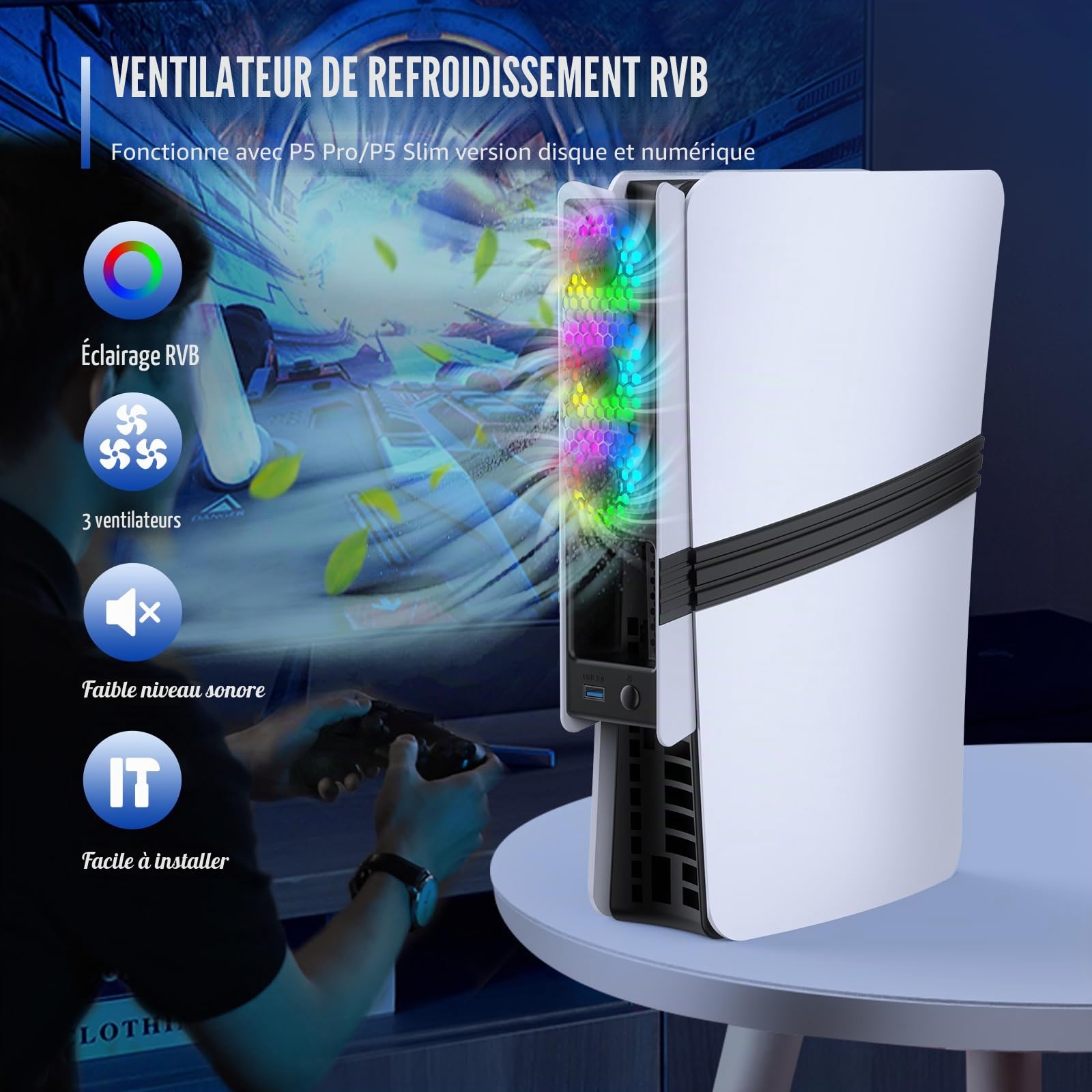 Ventilateur de refroidissement haute vitesse pour console PS5 Pro/Slim - Contrôle automatique de la température, faible bruit, éclairage RVB et port USB 3.0