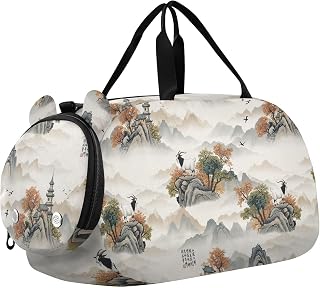 Fall Mountains Tower White Gym Bag Duffle Dance Bag Kids Carry On Workout Weekender Bags with Shoes Compartment for Girls Boys Yoga Travel Gym Sport Essentials