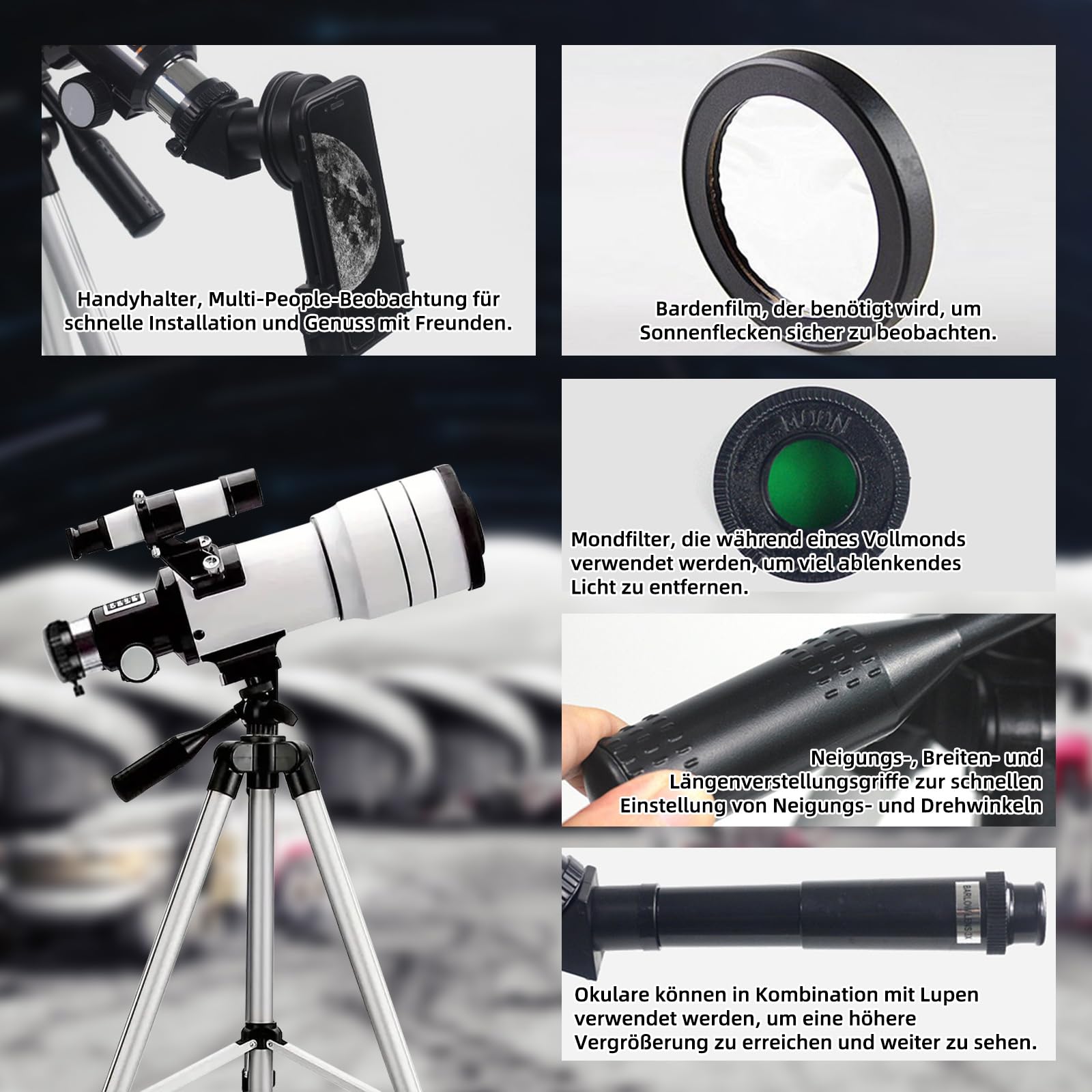 ACESOME Teleskop für Kinder Erwachsene, Telescope Astronomy Vergrößerung 15-150x, 70mm Spiegelteleskop, Teleskop mit Handyhalterung und Sonnenfilterfolie