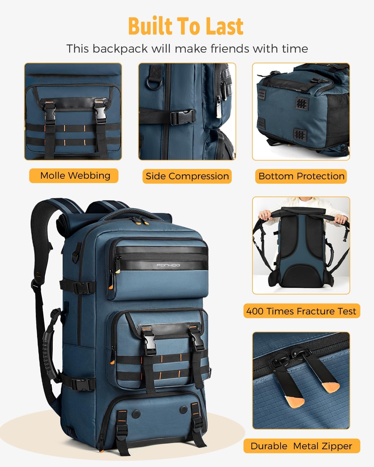 Ponhog Travel Backpack for Men, 50L Carry On Flight Approved Convertible Duffle Bag with Shoe Compartment, 17 inch Laptop Luggage with USB Charging Port for Weekender Hiking, Blue