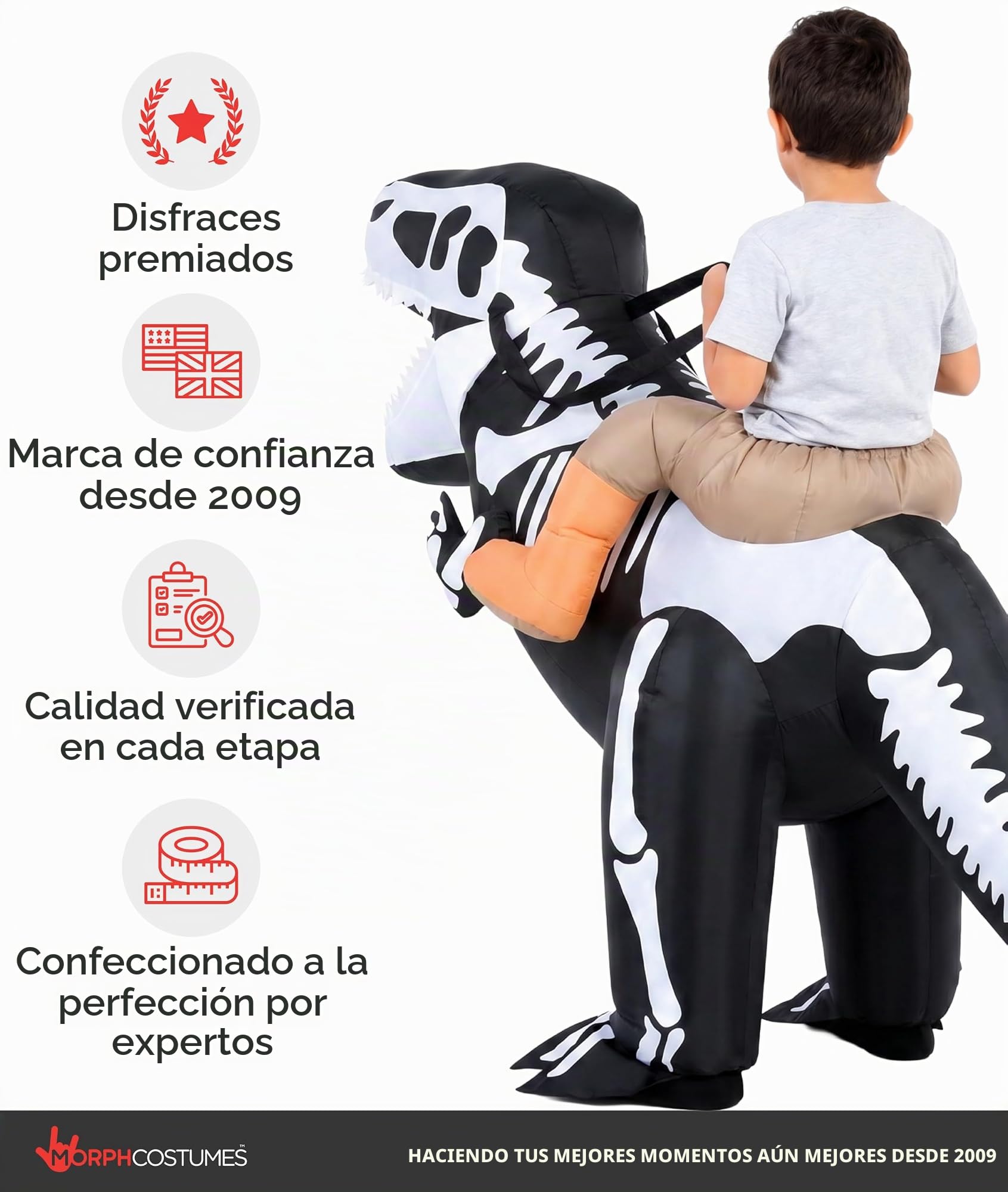 Morph Disfraz Dinosaurio Inflable Niño, Disfraz T-Rex Halloween Niño | Traje de Una Pieza para Montar, Esqueleto de T-Rex, Se Infla en Segundos, Perfecto para Halloween, Siempre un Éxito