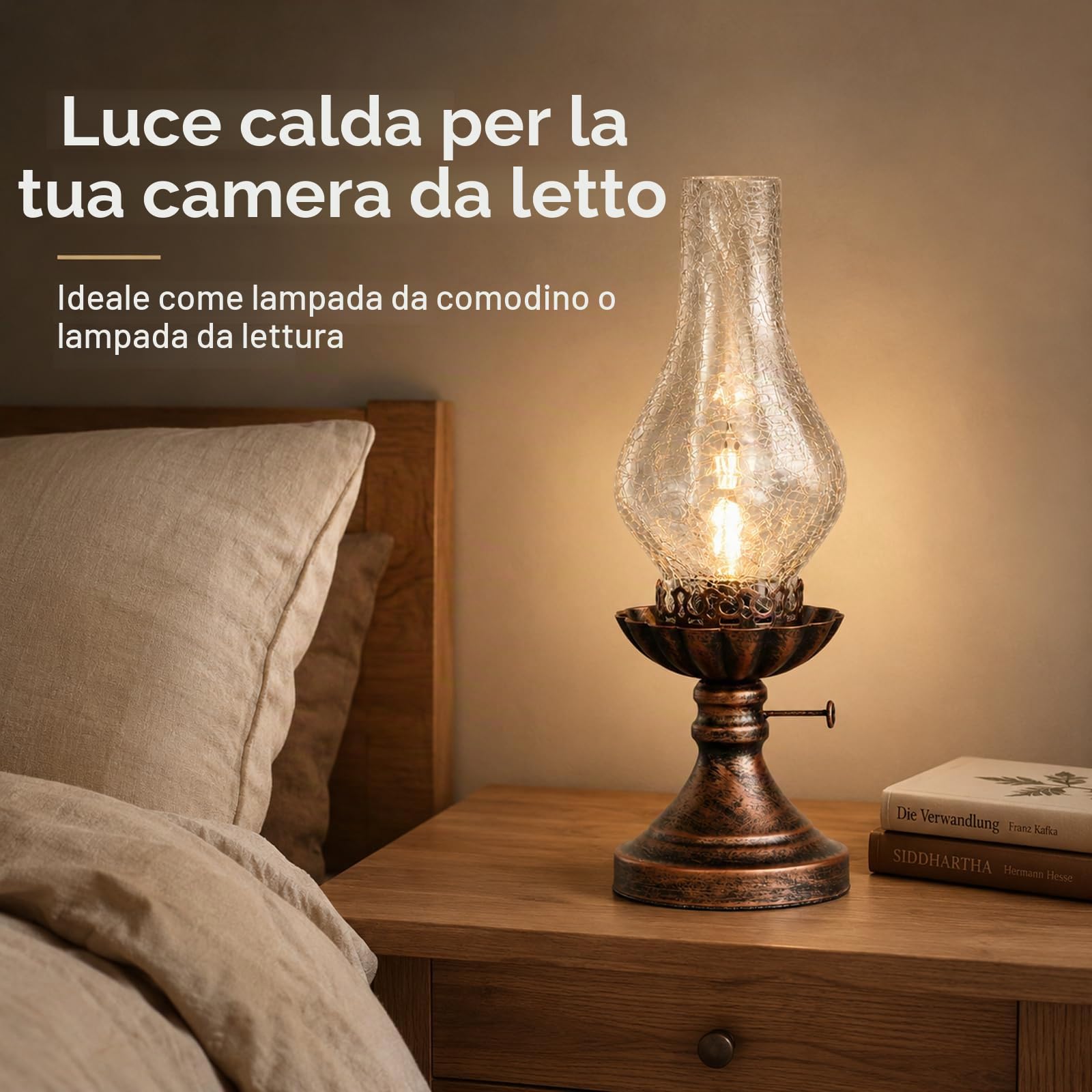LANMOU Lampada a Cherosene Industriale Vintage, E27 | Lampada da Tavolo da Scrivania In Stile Petrolio, Paralume In Vetro Incrinato, Per Comodino Studio, Interruttore, 220V