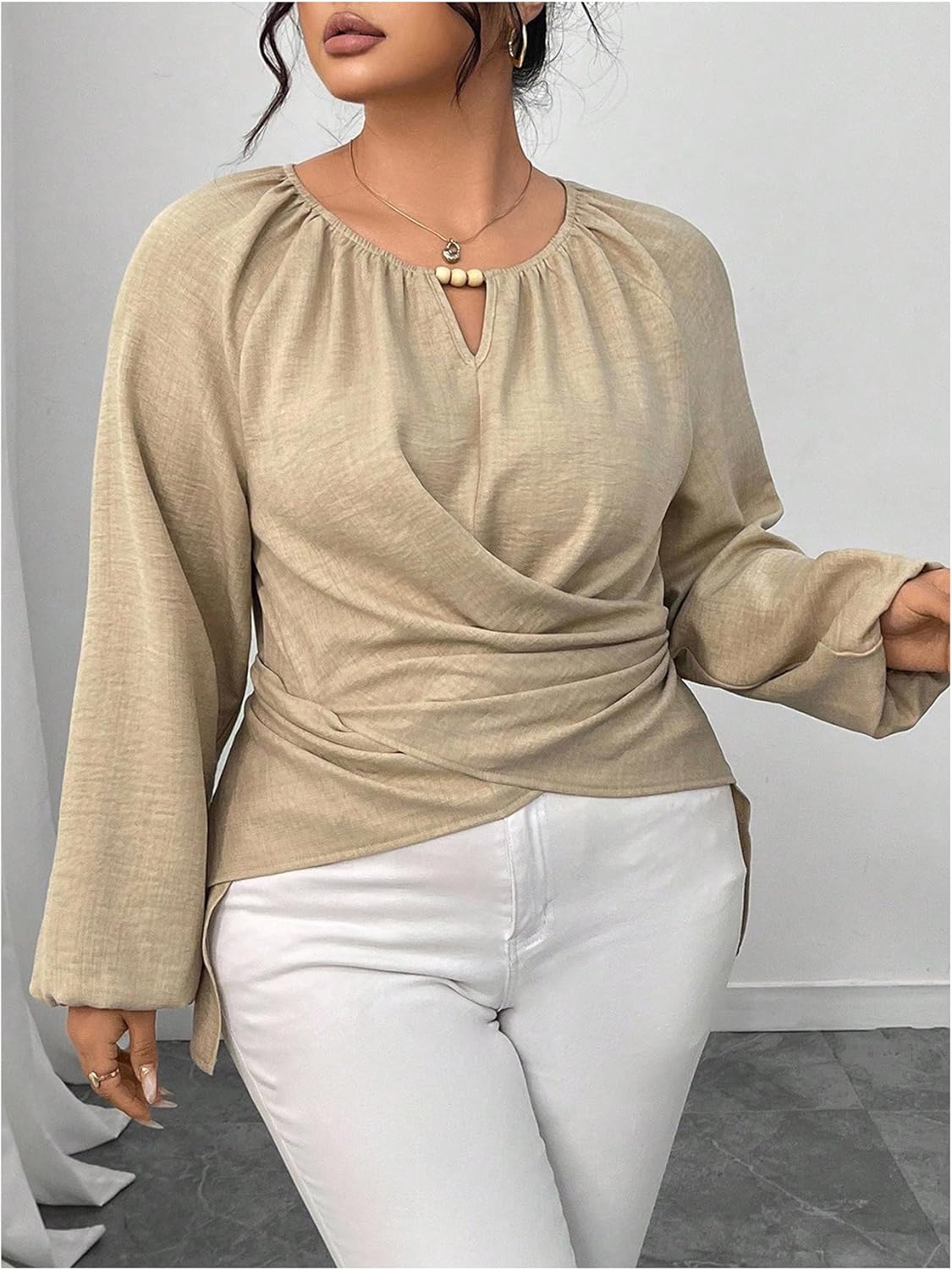 SweatyRocks Women's Plus Size Twist Front Long Sleeve Blouses Casual Wrap Asymmetrical Top - Image 2