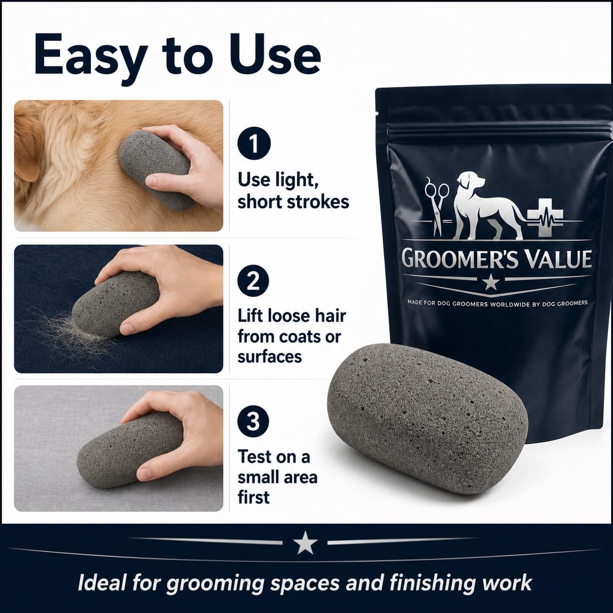 Pet Hair Remover Pumice Stone - Groomers Stone Deshedding Tool for Dogs & Cats, Helps Lift Loose Fur from Coats, Furniture, Carpet, Upholstery & Car Interiors, Durable and Easy to Use