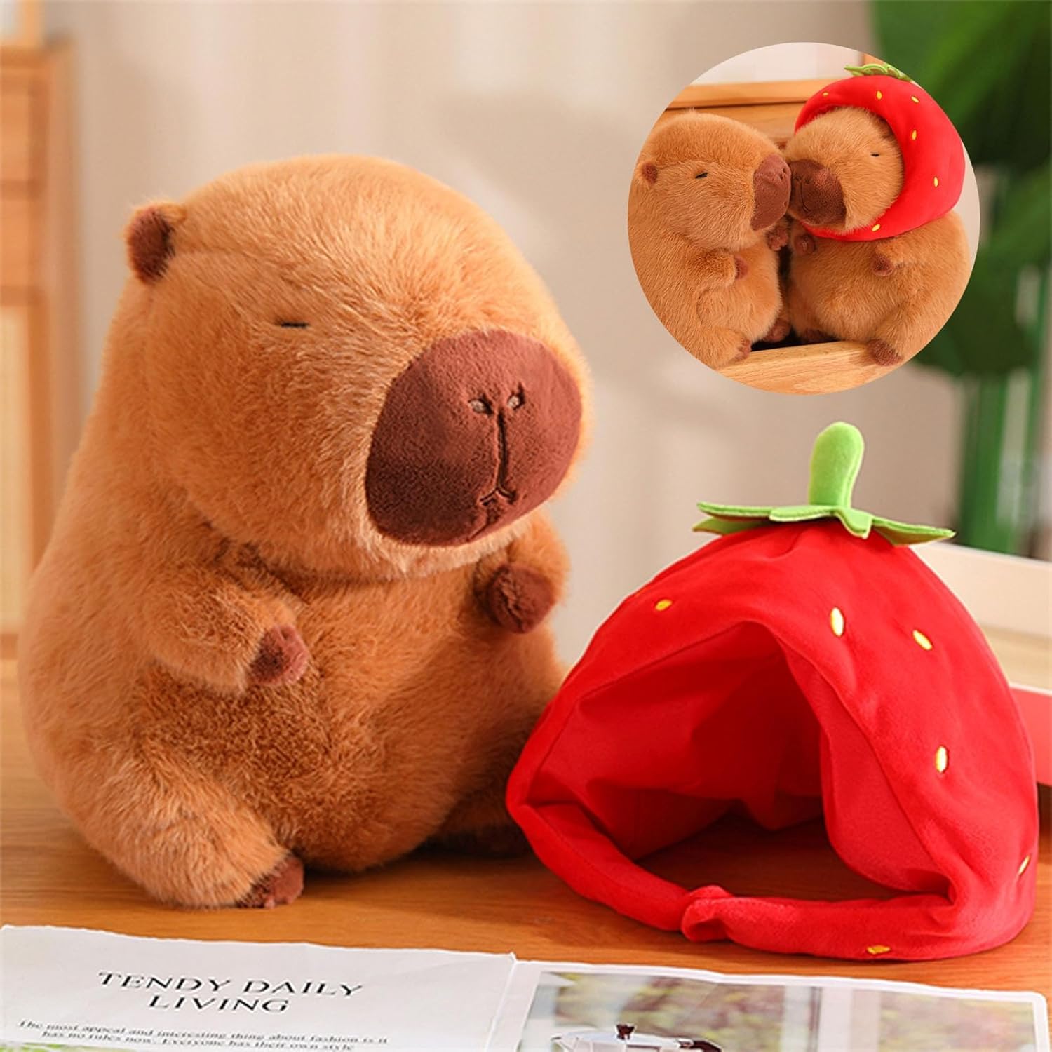 Capybara Plush Wearing Strawberry Hat,Capybara Plush Toy, Capybara Birthday Decorations, Capybara Stuffed Animal，Cute Capybara Plush Toy for Girls and Boys