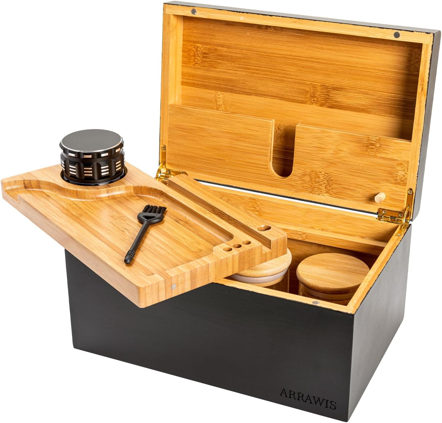 Large Bamboo Stash Box with Strong Magnetic Lid - Smell Proof Decorative Storage Box for Herbs, Spices & Keepsakes - Includes Removable Wood Tray and Glass Storage Jars - Natural & Discreet