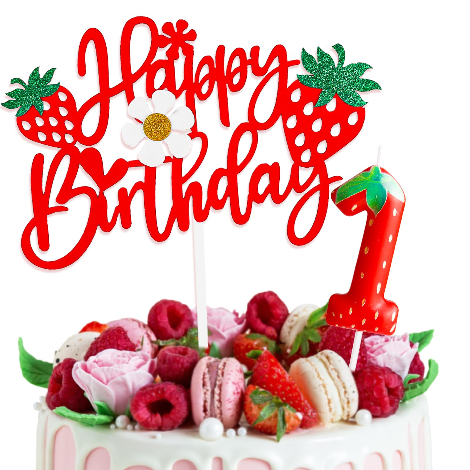Strawberry Cake Decorations with Happy Birthday Cake Toppers and Birthday Candles for 1 Years Old Girls, Strawberry 1st Birthday Party Decorations