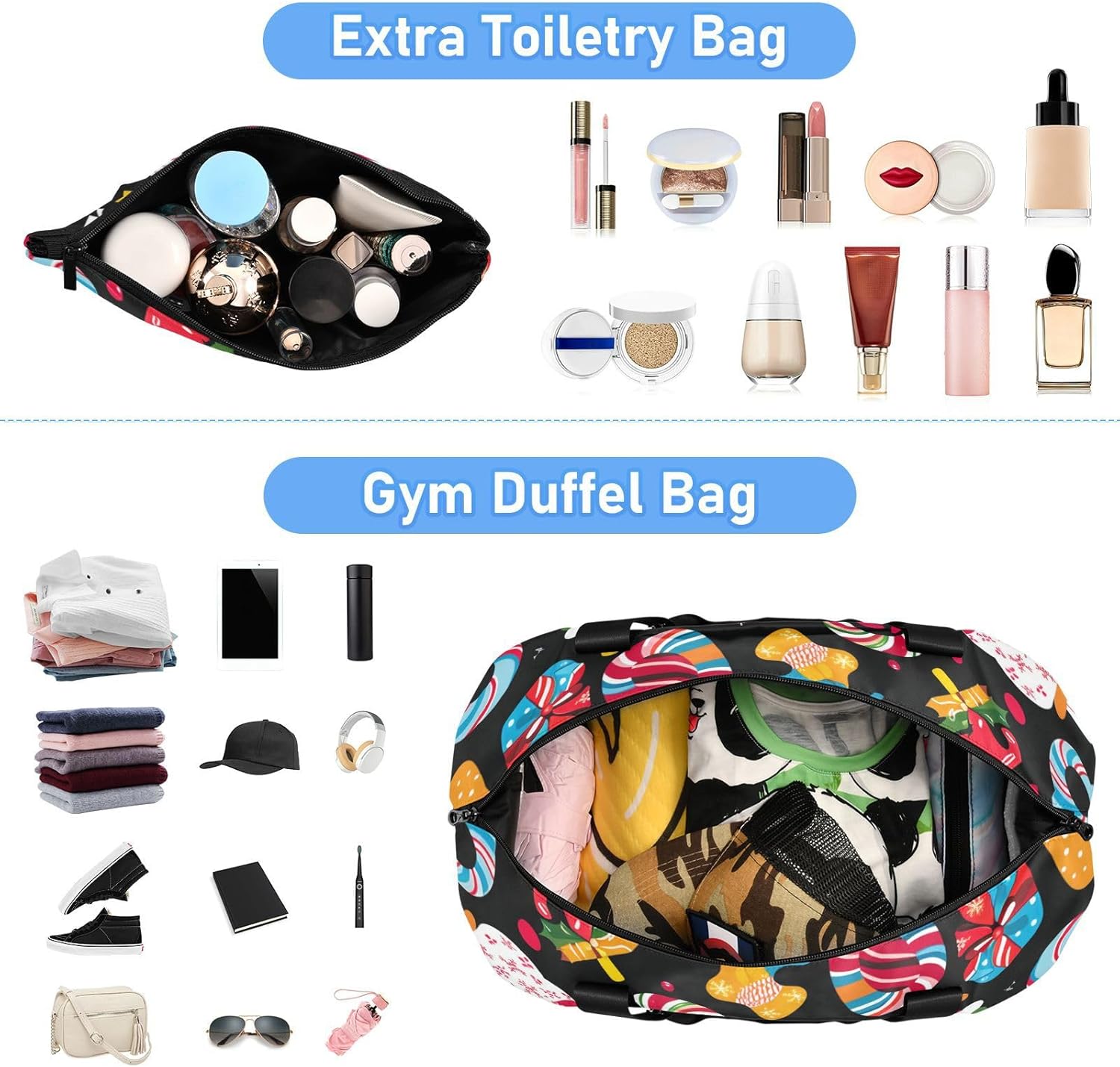 Christmas Candy Sports Gym Bag Carry On Shoulder Weekend Tote with Toiletry Bag for Travel Foldable