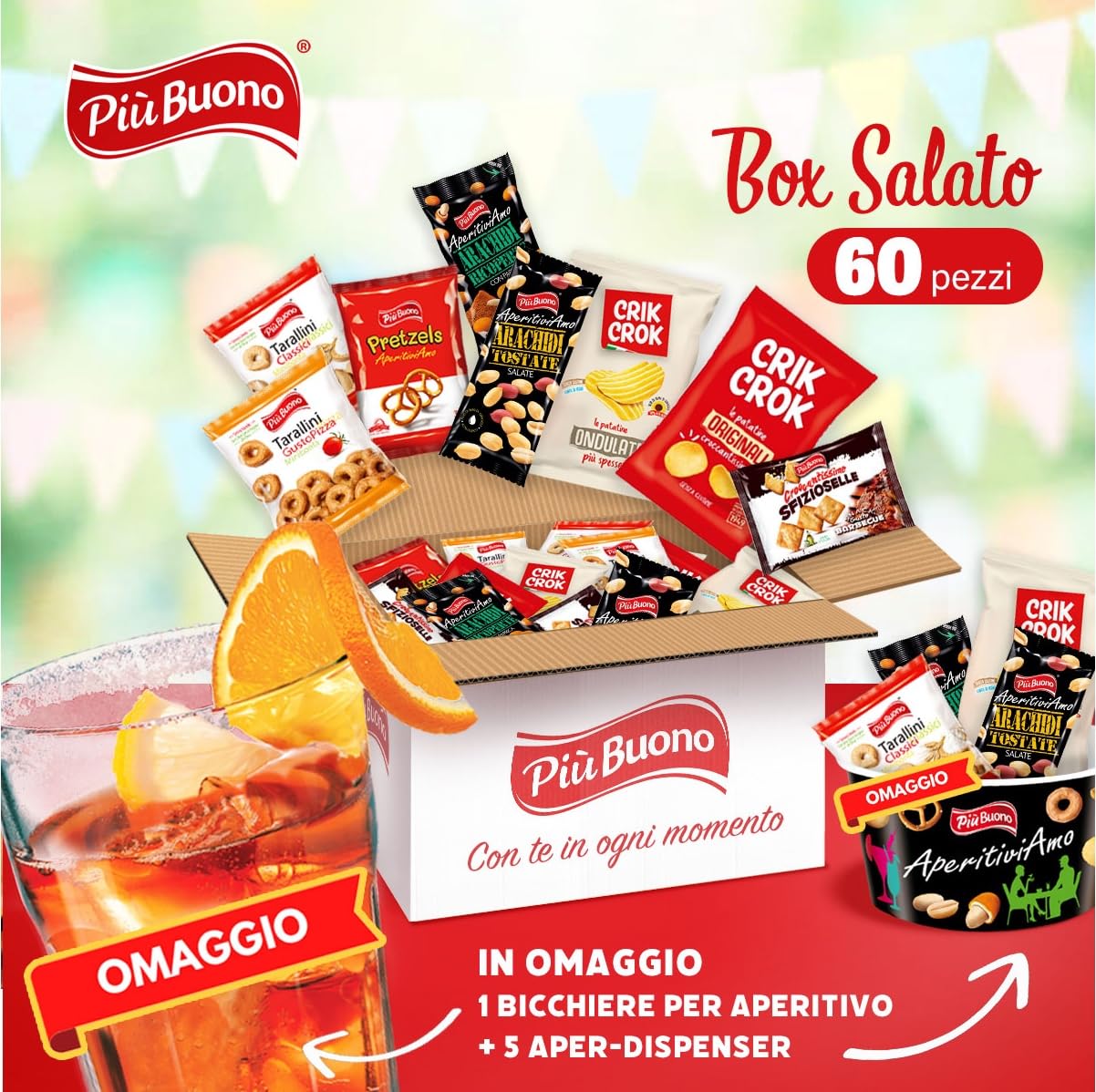 Più Buono Box aperitivo salato 60 PEZZI Tutto rigorosamente MONOPORZIONATO ciotole e bicchiere in vetro in omaggio