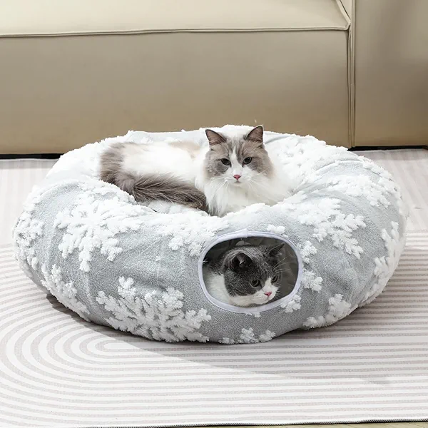 Grelife Cat Tunnel Bed for Indoor Cats, 2-in-1 Play Tunnel & Cozy Bed, with Washable Premium Shu Velveteen, Non-Slip Base, Removable Cushion, Perfect for Cats, Kittens, Small Pets (Gray, 37.5)