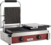 Kratos 29Y-023 Commercial Panini Press: 18.7x9 Grooved Plates, Dual Thermostatic Controls, 3500W Heavy-Duty Grill