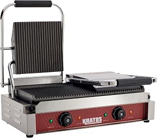 Kratos 29Y-023 Commercial Panini Press: 18.7x9 Grooved Plates, Dual Thermostatic Controls, 3500W Heavy-Duty Grill