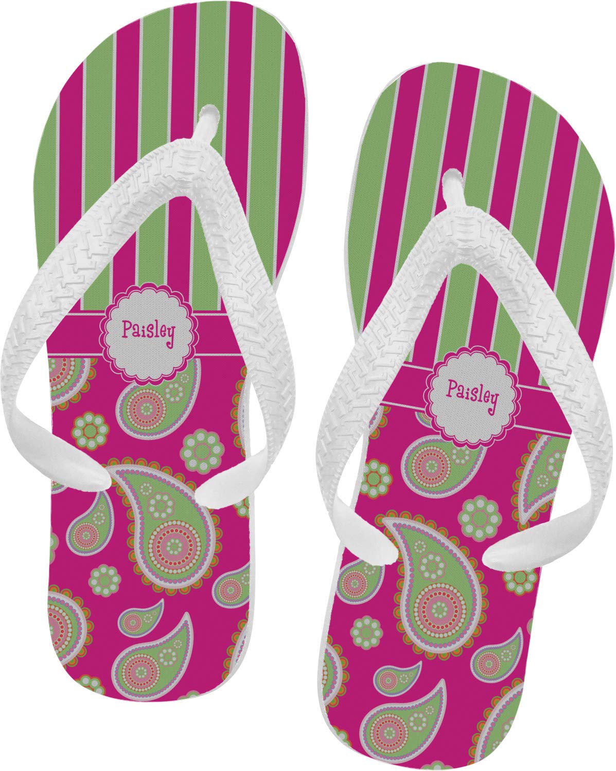 RNK Shops Personalized Pink & Green Paisley and Stripes Flip Flops - Medium