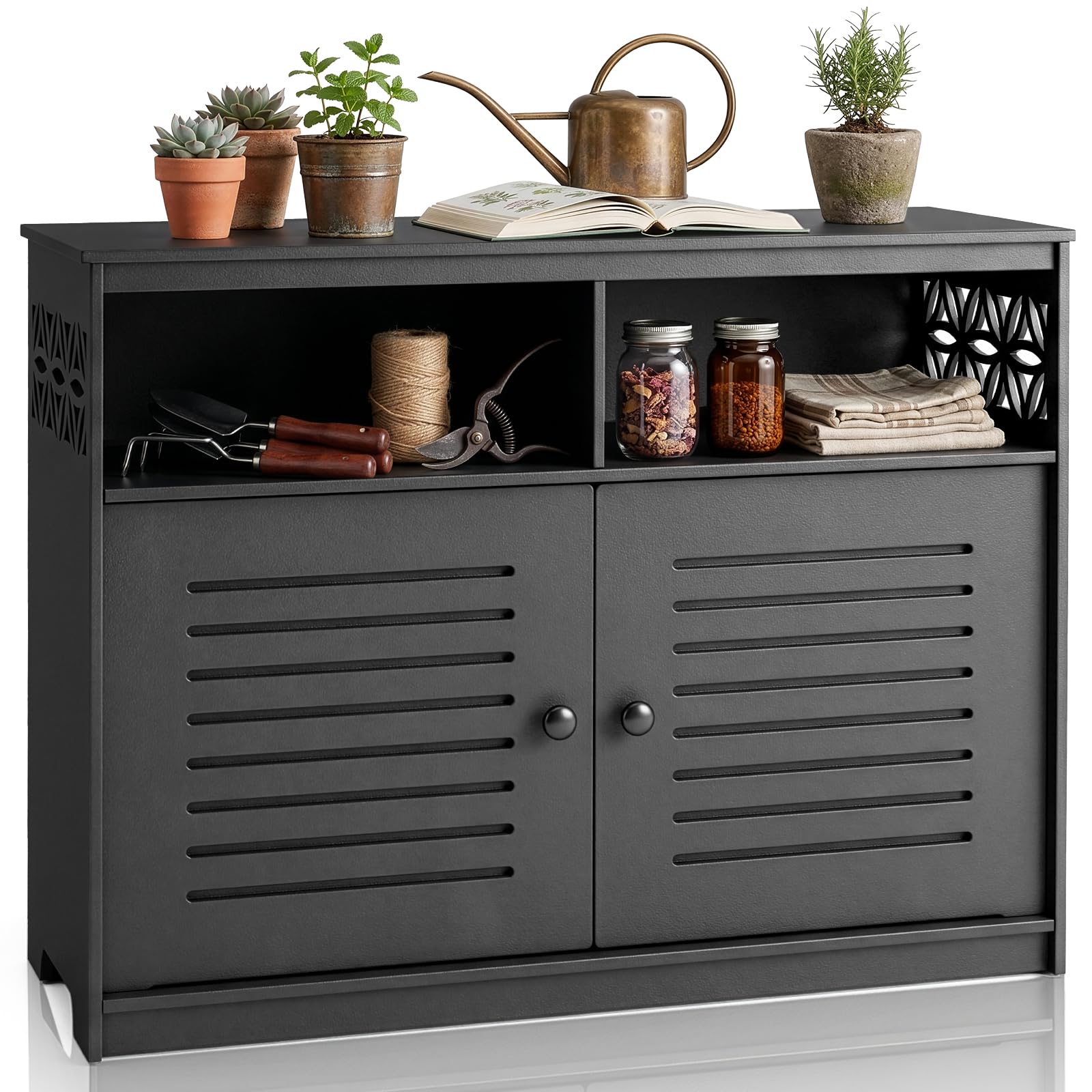 Gartenschrank mit Staufächern, Gartenschrank wetterfest Outdoor, 107 x 39 x 80 cm, Hochwertiges PVC-Material, Leicht zu pflegen und zu reinigen, Schwarz