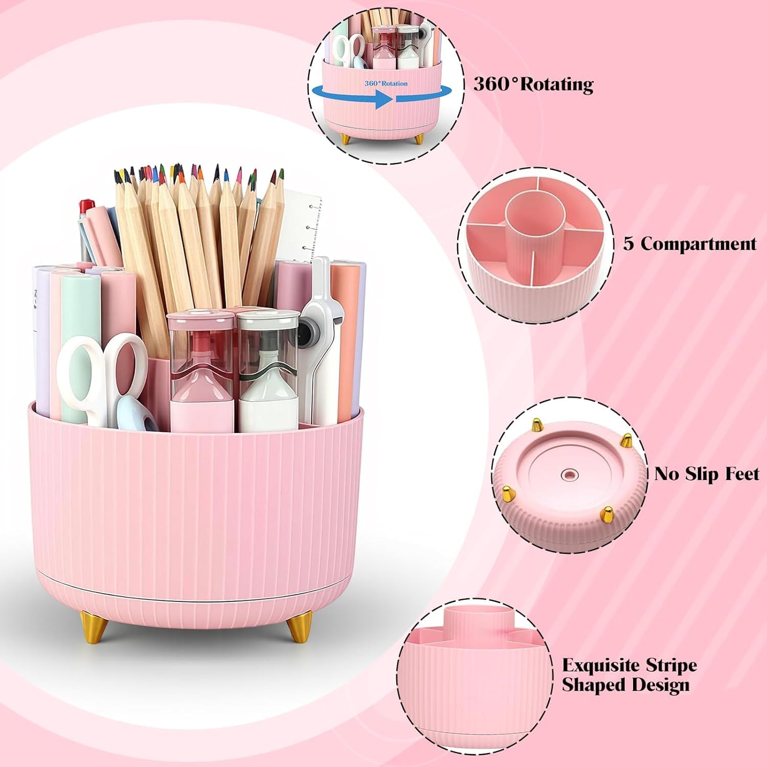 Pink Stationery Set,12 in 1 Office School Supplies Stapler & Staples Set, Rotating Pencil Holder for Desk, Staple Remover, Tape Dispenser, Tape Refills, Binder Paper Clips Kit, Scissor - Image 4