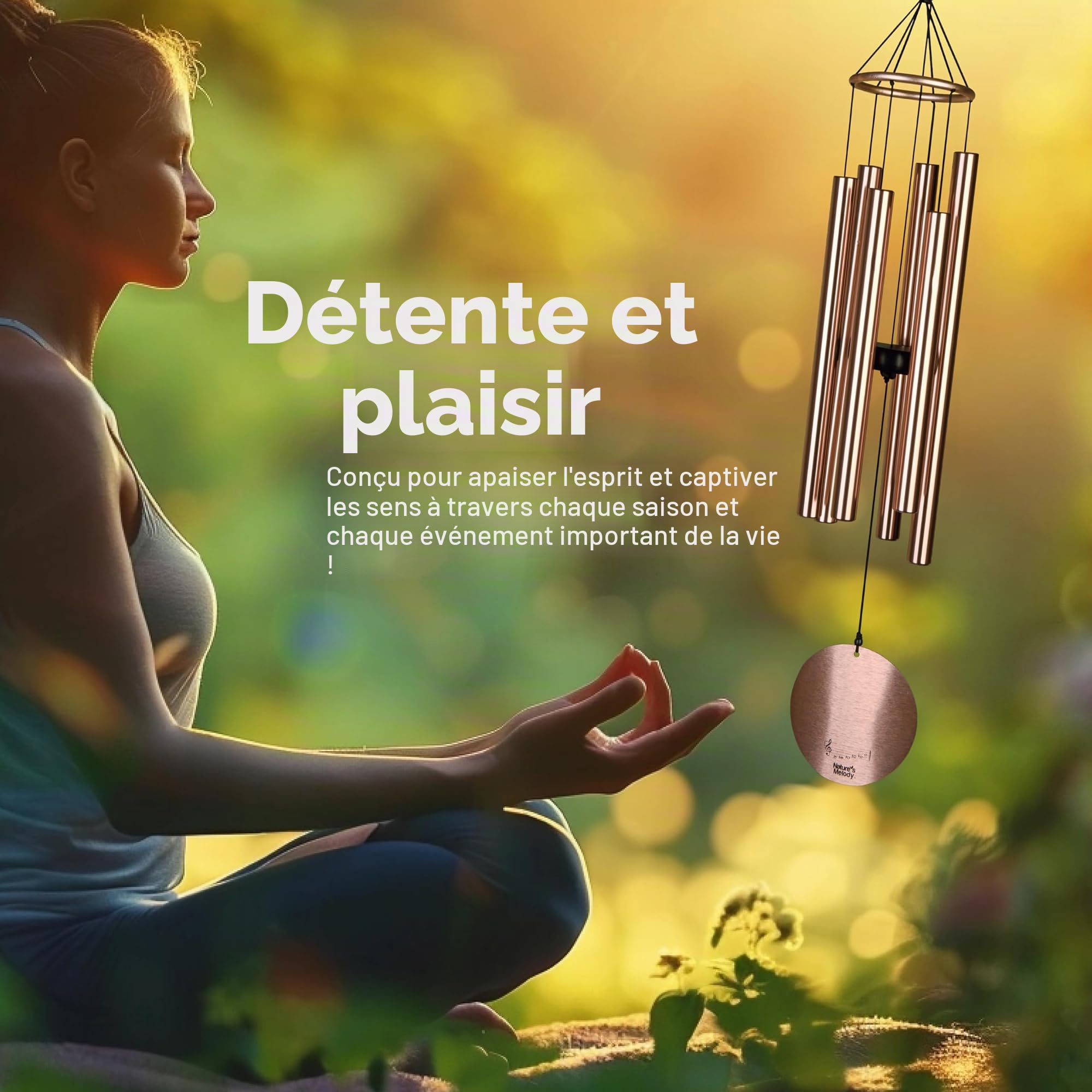 Nature's Melody Aureole Tunes Carillon à vent d'extérieur, 6 tubes, gamme pentatonique de Mi, aluminium inoxydable, finition poudrée, crochet en S, pour condoléances, cadeau commémoratif, jardin zen