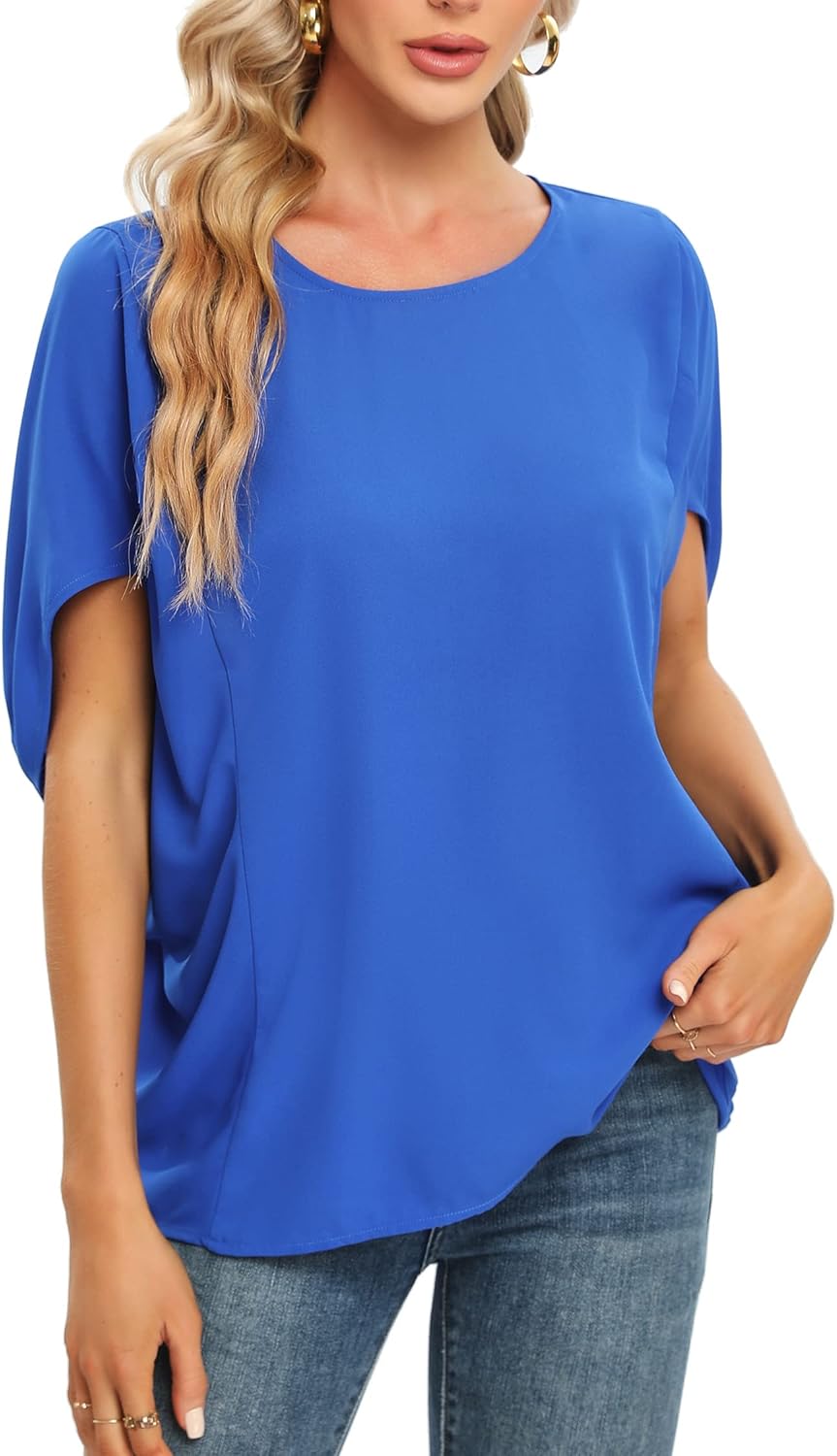 MOQIVGI Womens Dolman Short Sleeve Tops Trendy Dressy Elegant Casual Scoop Neck Chiffon Blouses - Image 4
