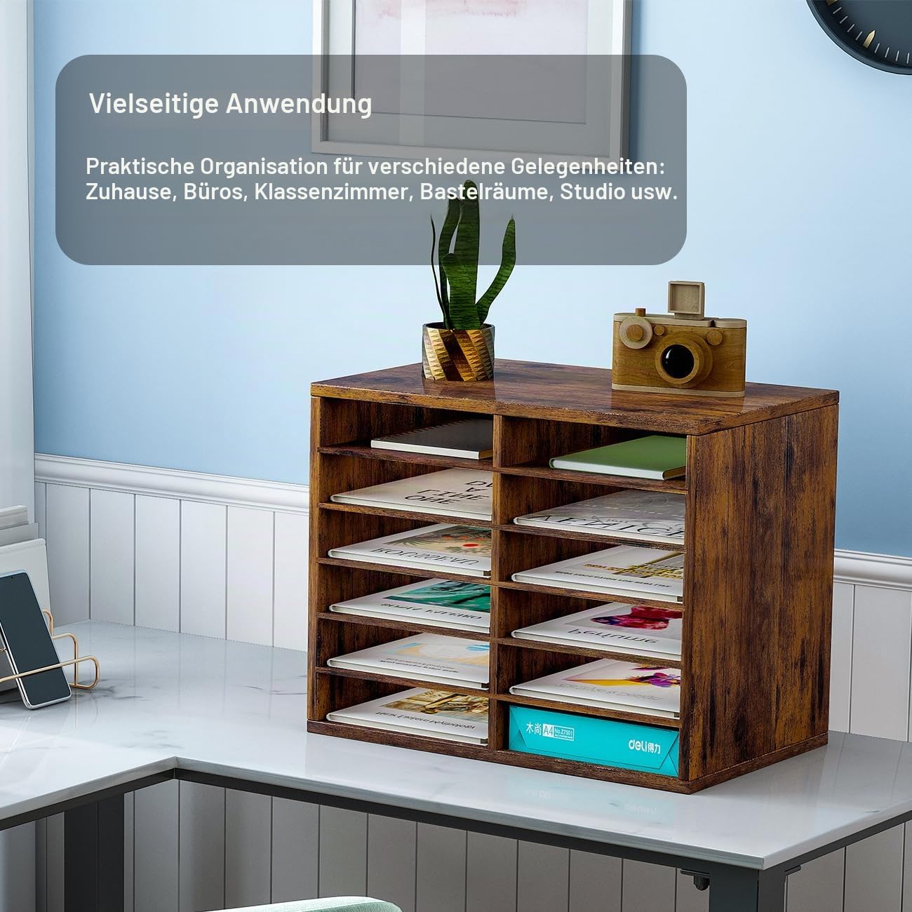 PAG 12 Fächer Verstellbarer Dokumentenablage aus Holz,Holz-Literatur-Stehsammler,Aktensortierer Briefablage A4 Zeitschriftenständer,für Büro/Zuhause/Schule,Retro-Braun