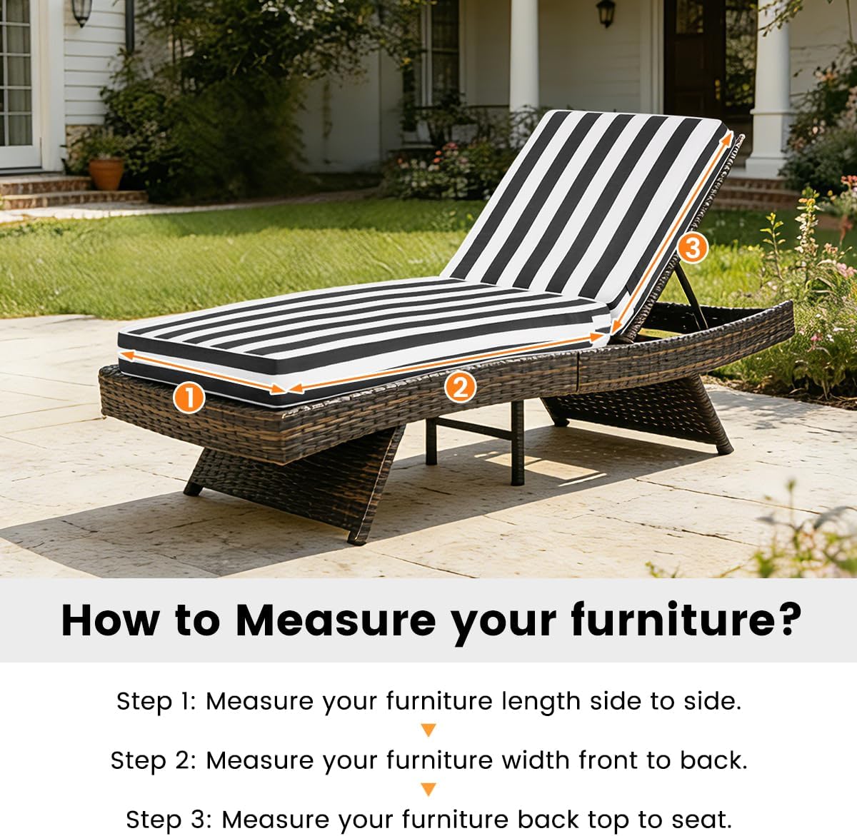Sundale Outdoor Olefin Chaise Lounge Cushion, Water-Resistant Patio Lounge Chair Cushion, Thick Lounger Pad with 4 Straps Cabana Stripe Black, 80 x 26 x 6 Inches