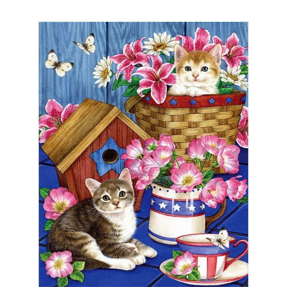 Toile Diamant Painting Chat Fleurs 80x100cm anti-stress avec Strass Carrés Alignement Parfait