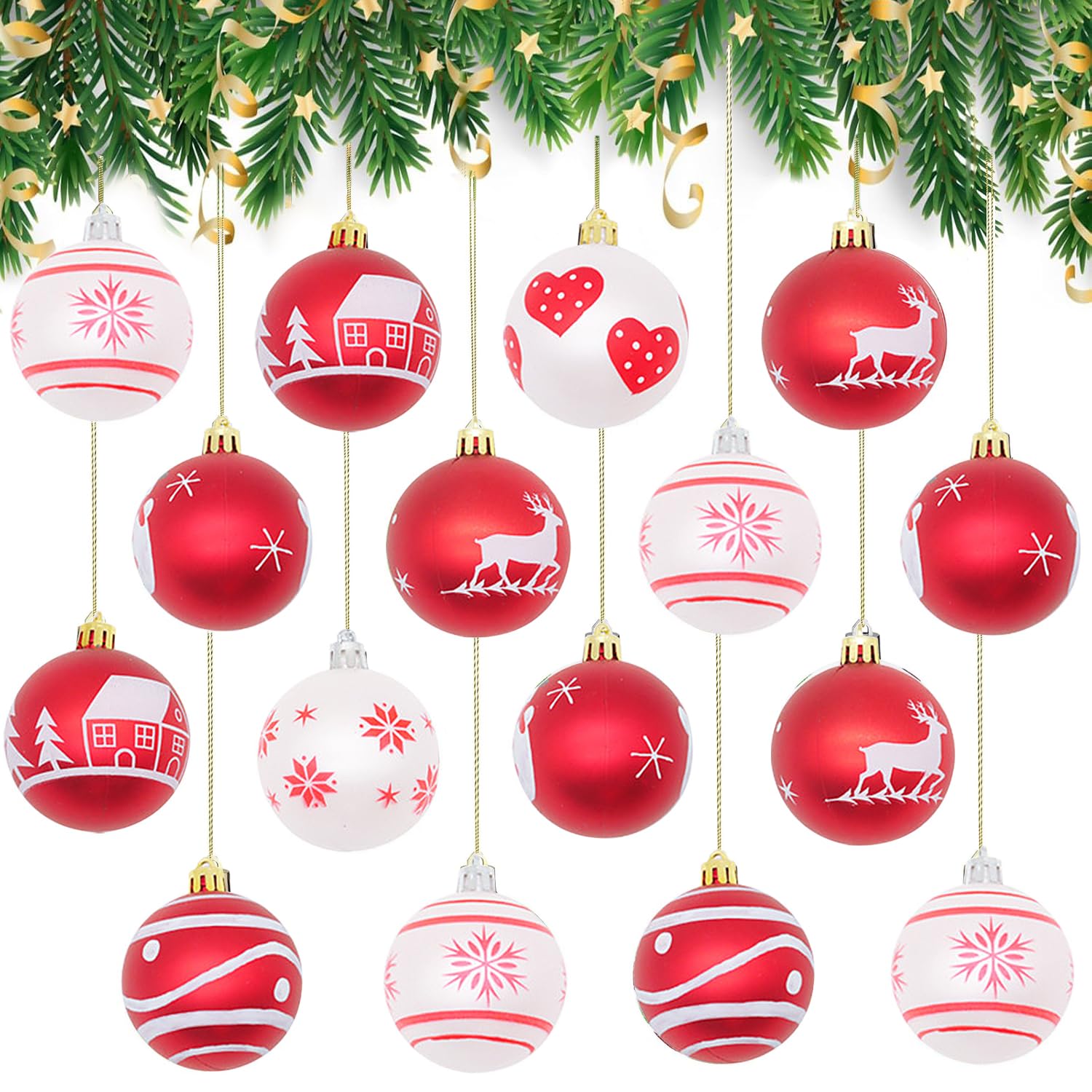 Kiwinvou 16Pcs Christmas Baubles, 2.3 Inch Red and White Shatterproof Christmas Ball Ornaments Hanging Balls Sets Christmas Tree Decorations for Holidays Home Xmas Party Decoration (7 Styles)