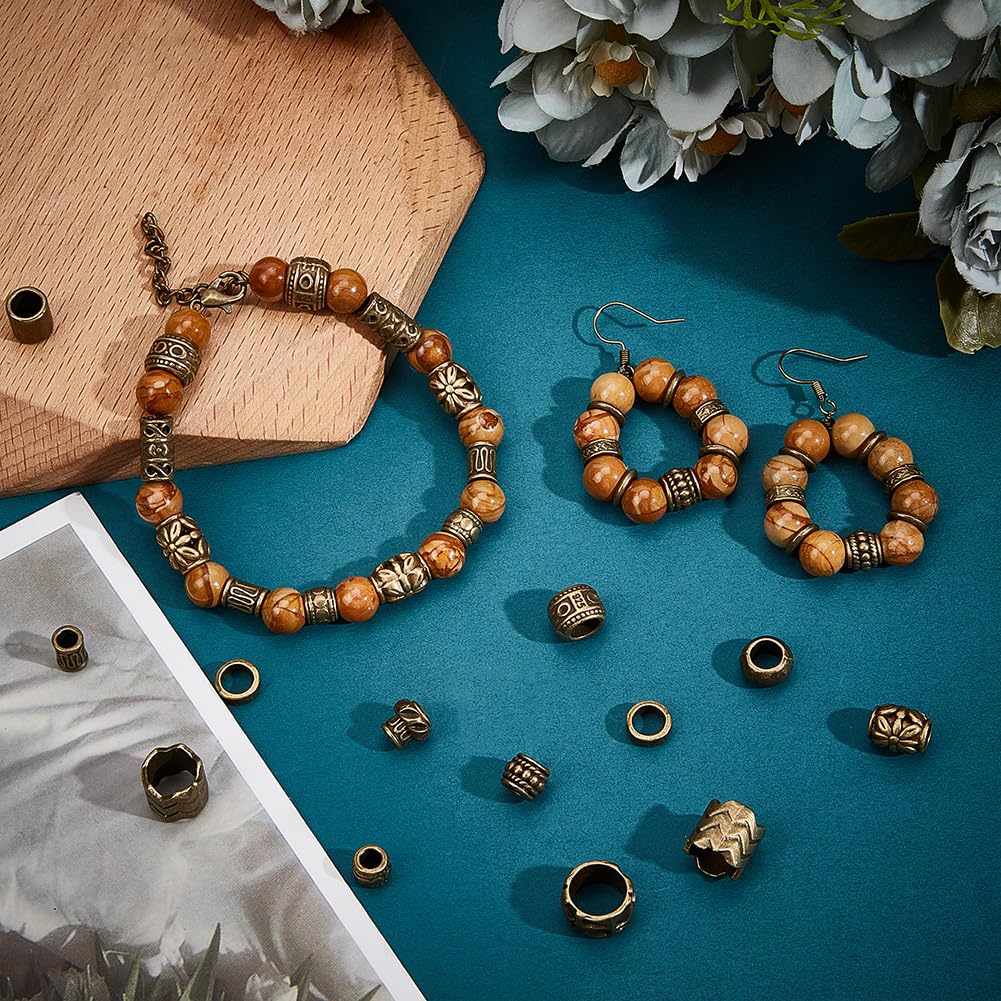 NBEADS 150 Pcs Alloy Spacer and Dreadlock Hair Beads - 15 Styles Antique Bronze 4-10mm Large Hole for Braids and Decoration - Image 4