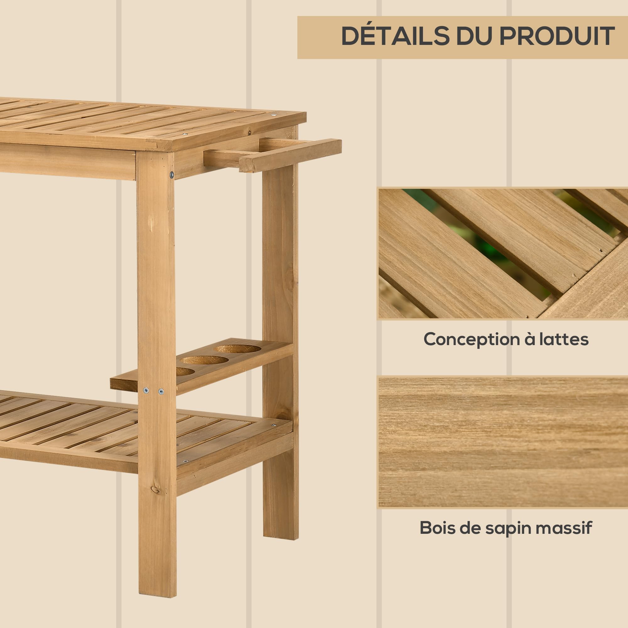 Outsunny Carrello da giardino per piastra barbecue in legno 2 vassoi portabottiglie 95 x 47 x 74 cm