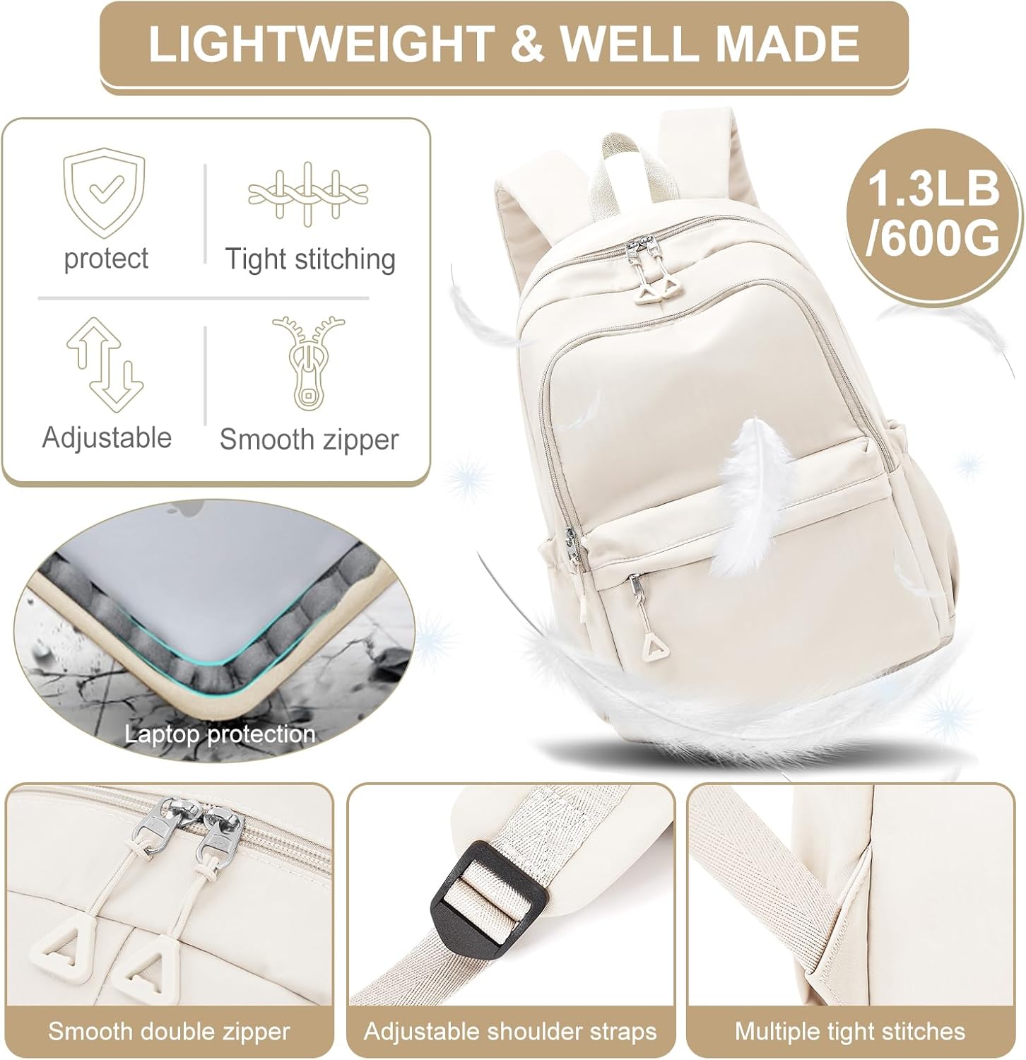 Casual Laptop Backpack for Women Men College Bookbag Waterproof Lightweight School Bag 15.6inch Laptop Daypack Large Capacity School Backpack for Teens Boys Girls (beige)