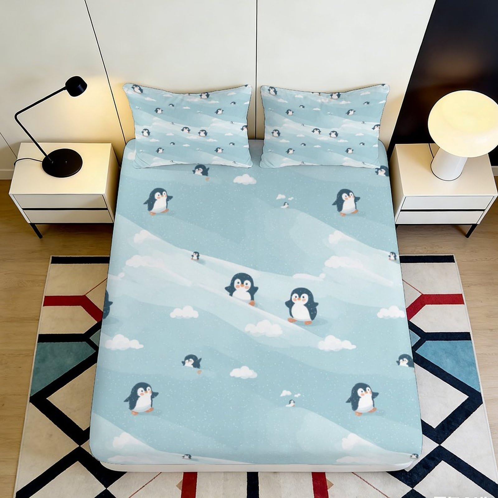 Jqzkxnhpbr Style-4 3D Printed Penguin Sky Fitted Sheet Microfiber Soft Blue Cartoon Bed Cover For Bedroom Guest Room Dorm Decor Mattress Protection 90X200x25cm